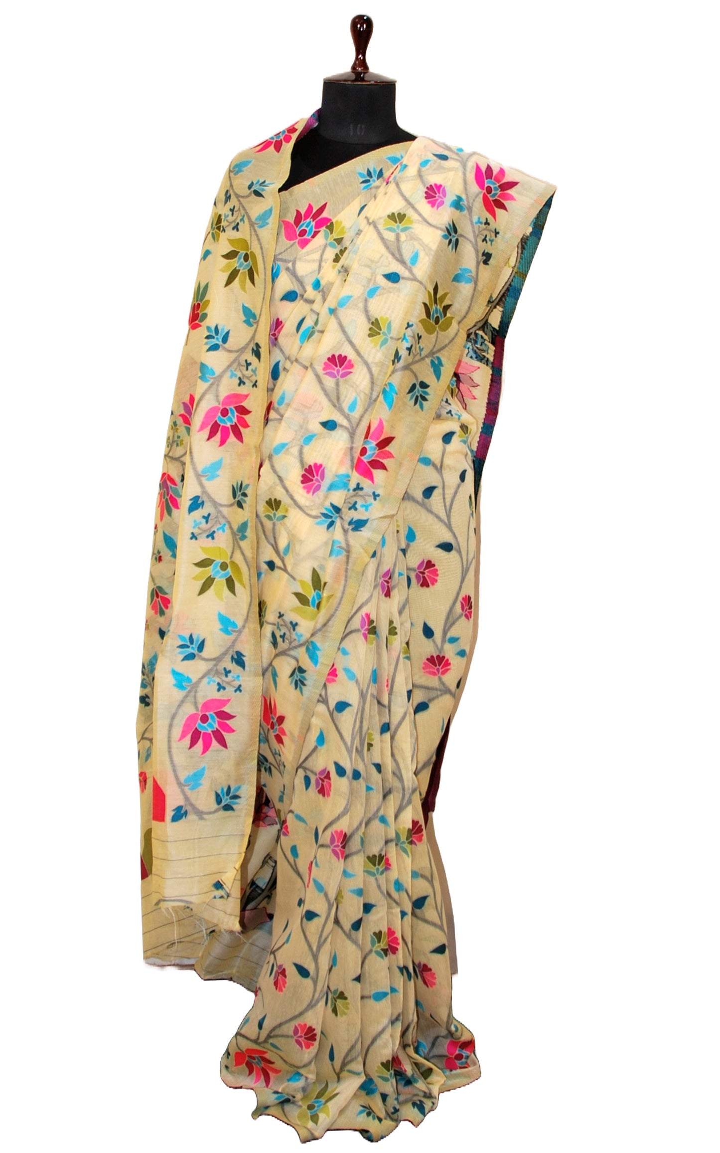 Tantuja Inspired Traditional Soft Jamdani Saree in Pastel Yellow, Black and Multicolored