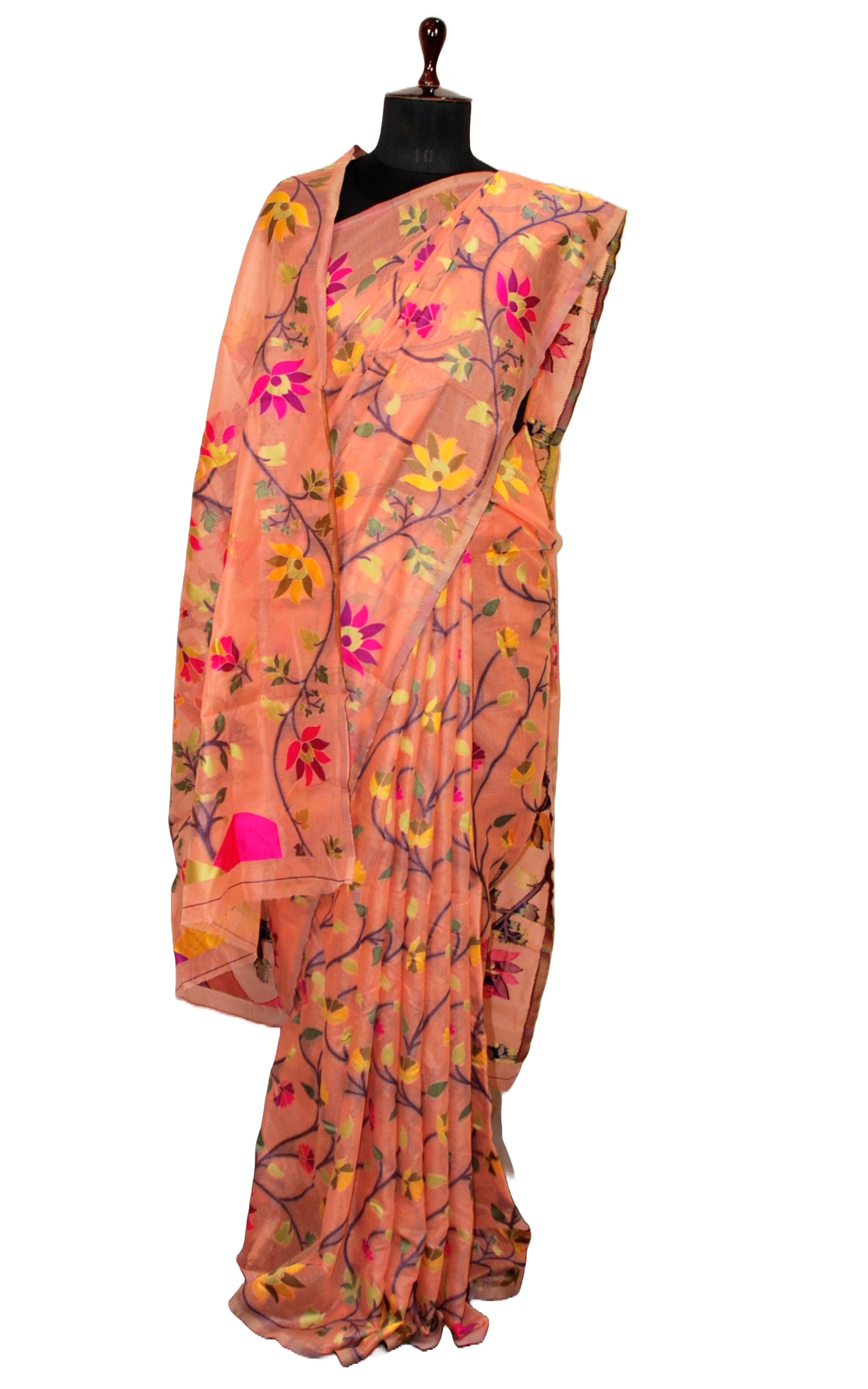 Tantuja Inspired Traditional Soft Jamdani Saree in Peach, Black and Multicolored