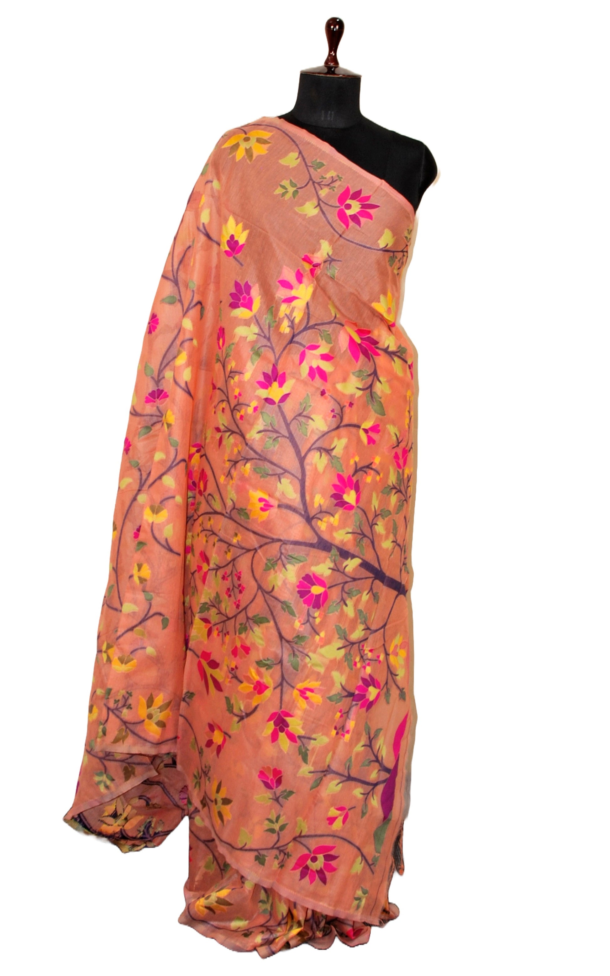 Tantuja Inspired Traditional Soft Jamdani Saree in Peach, Black and Multicolored