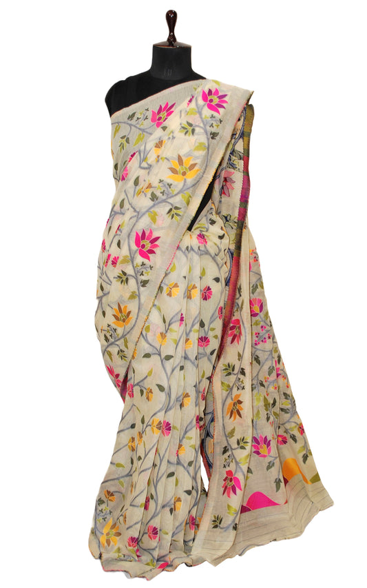 Tantuja Inspired Traditional Soft Jamdani Saree in Off White and Multicolored