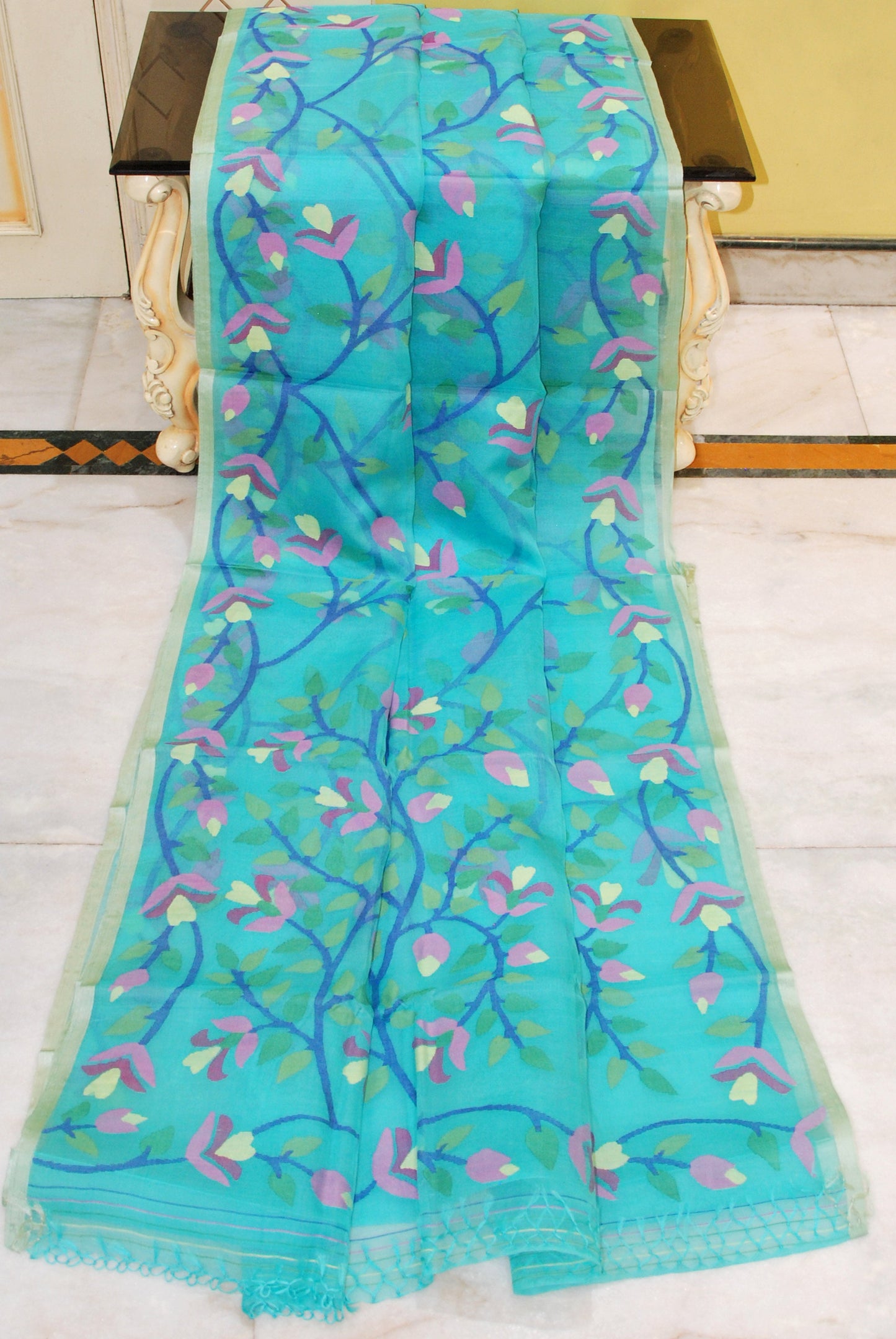 Bengal's Pride Premium Hand Woven Jangla Jaal Work Muslin Silk Dhakai Jamdani Saree in Sea Green and Multicolored Thread Work