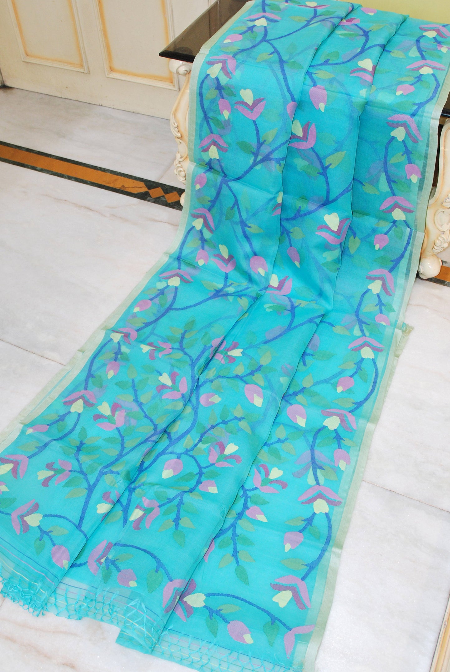 Bengal's Pride Premium Hand Woven Jangla Jaal Work Muslin Silk Dhakai Jamdani Saree in Sea Green and Multicolored Thread Work