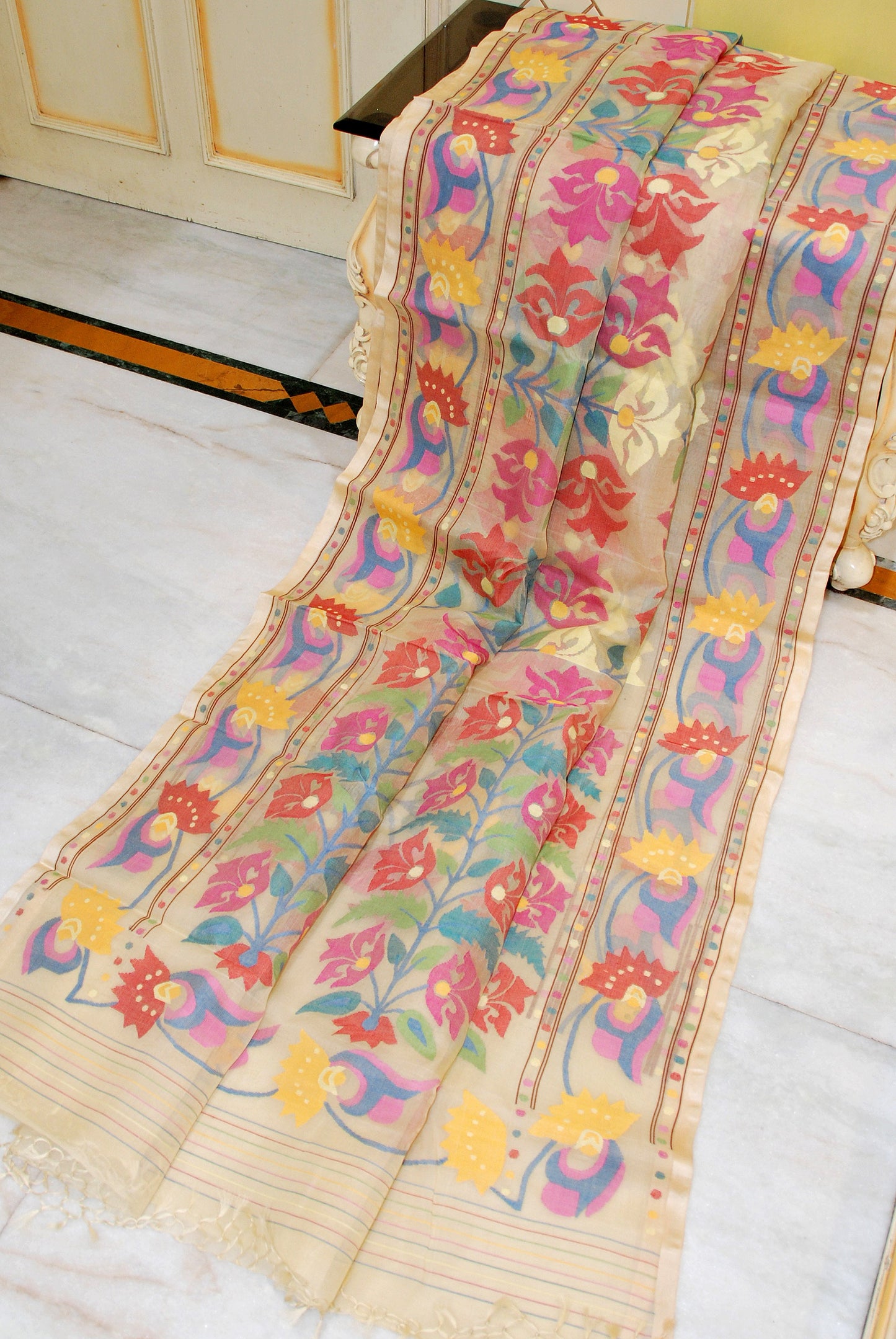 Bengal's Pride Premium Hand Woven Brocade Jamdani Work Muslin Silk Dhakai Saree in Beige and Multicolored