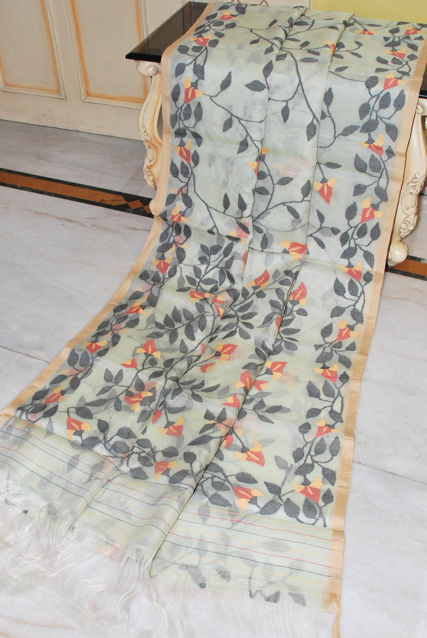 Bengal's Pride Premium Hand Woven Jangla Jaal Work Muslin Silk Dhakai Jamdani Saree in Pistachio Green and Multicolored Thread Work