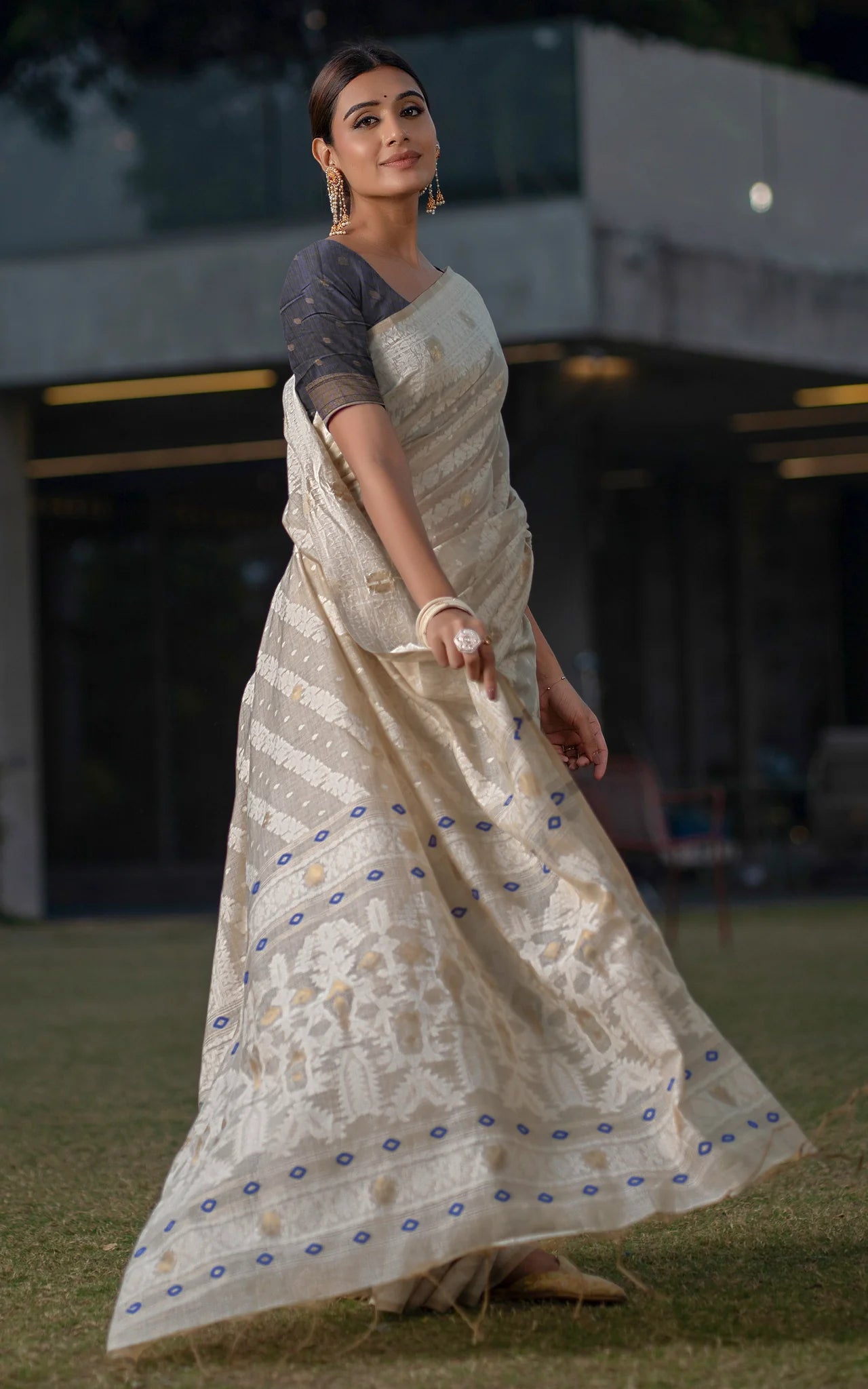 Tantuja Inspired Traditional Karat Nakshi Work Soft Jamdani Saree in Beige, Off White and Navy Blue