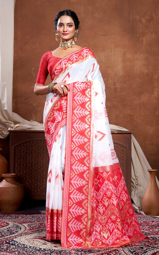 Traditional Skirt Nakshi Work Soft Jamdani Saree in Off White, Bright Red and Golden