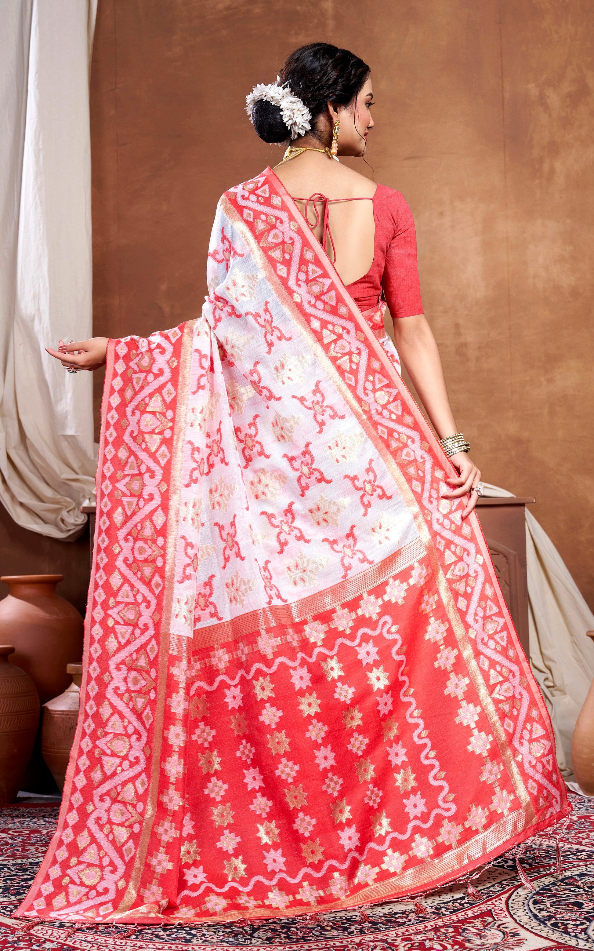 Traditional Woven Nakshi Work Soft Jamdani Saree in Off White, Red and Golden