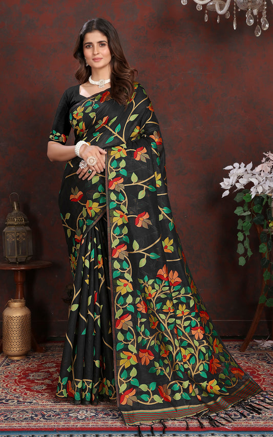 Tantuja Inspired Traditional Soft Jamdani Saree in Black, Golden and Multicolored Nakshi Thread Weave