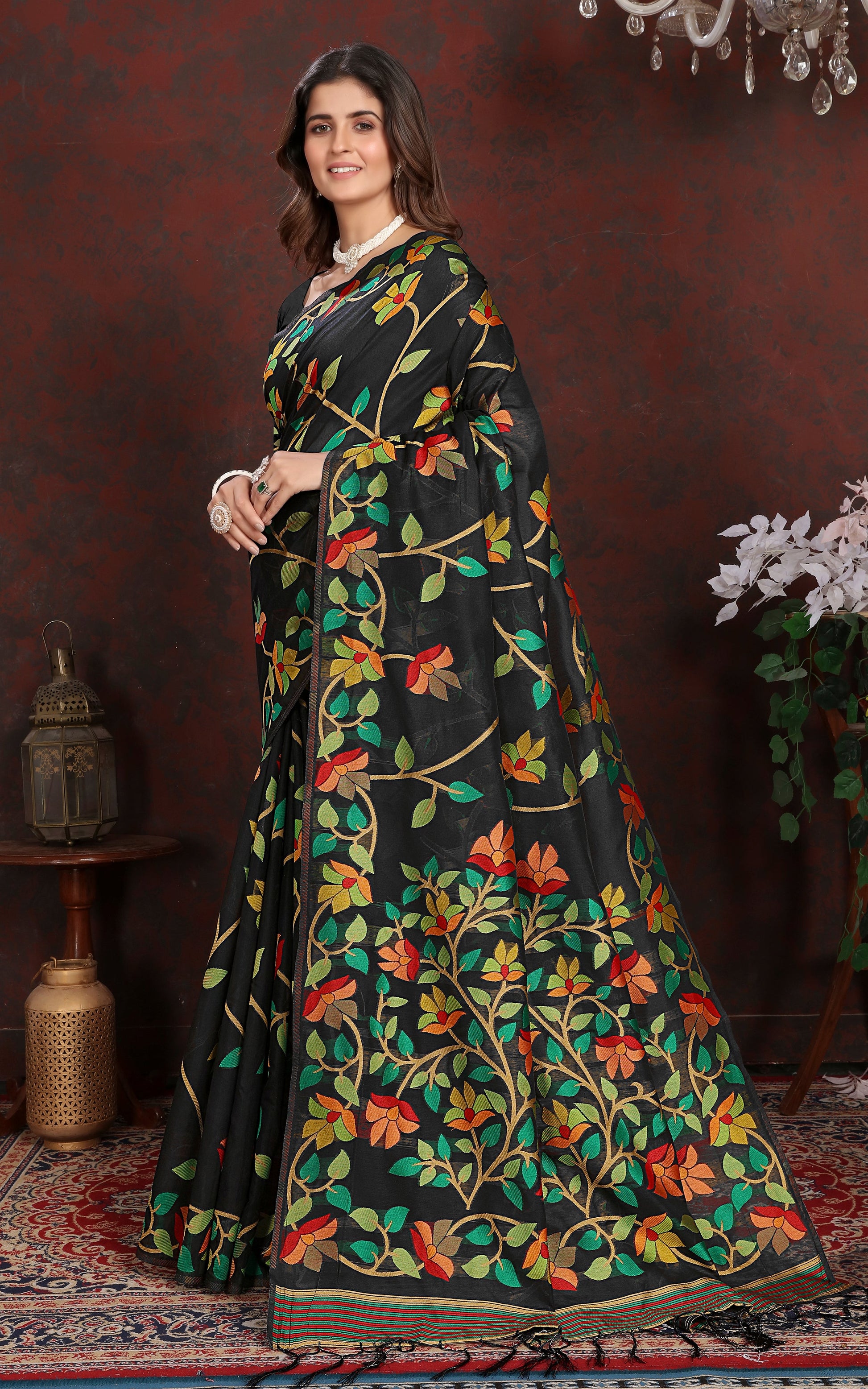 Tantuja Inspired Traditional Soft Jamdani Saree in Black, Golden and Multicolored Nakshi Thread Weave