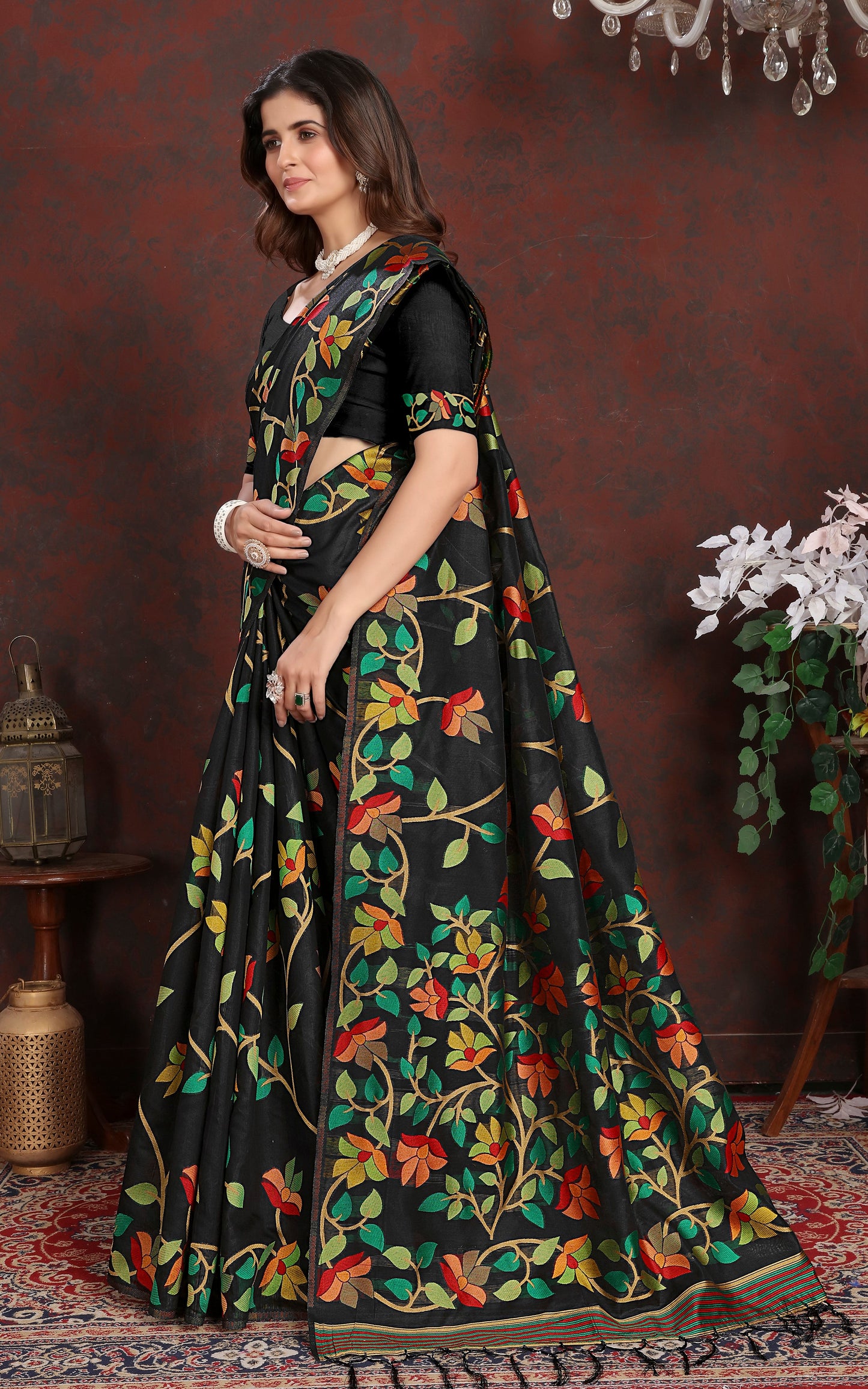 Tantuja Inspired Traditional Soft Jamdani Saree in Black, Golden and Multicolored Nakshi Thread Weave