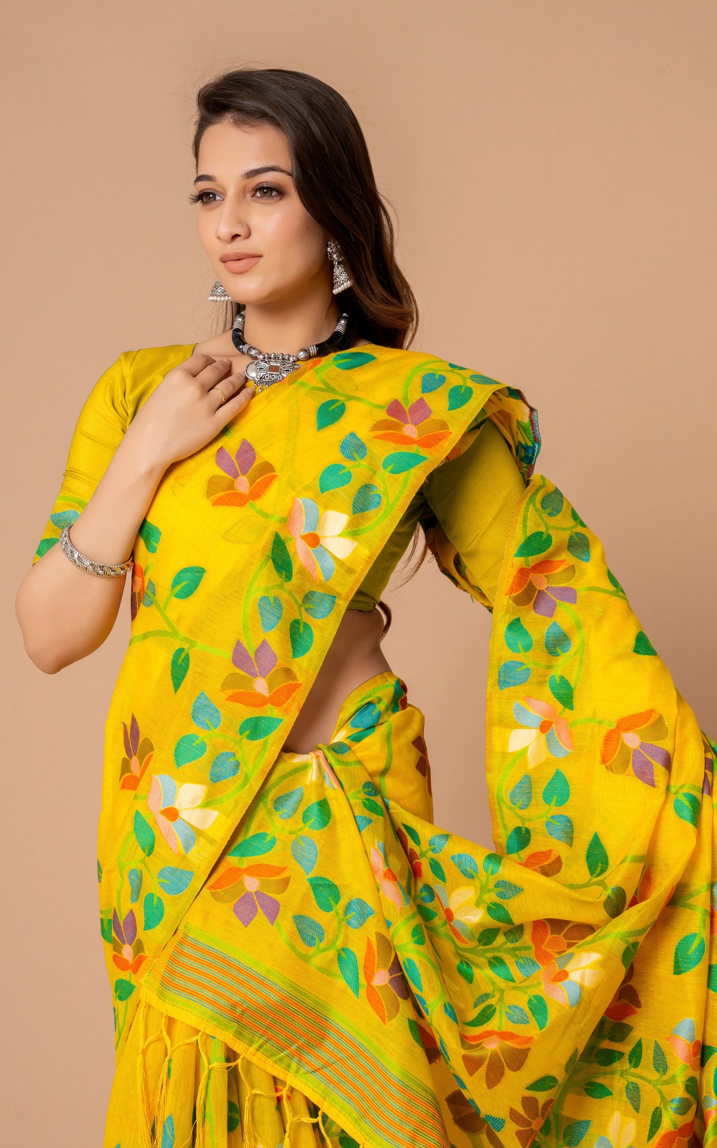 Tantuja Inspired Traditional Soft Jamdani Saree in Yellow, Green and Multicolored Nakshi Thread Weave