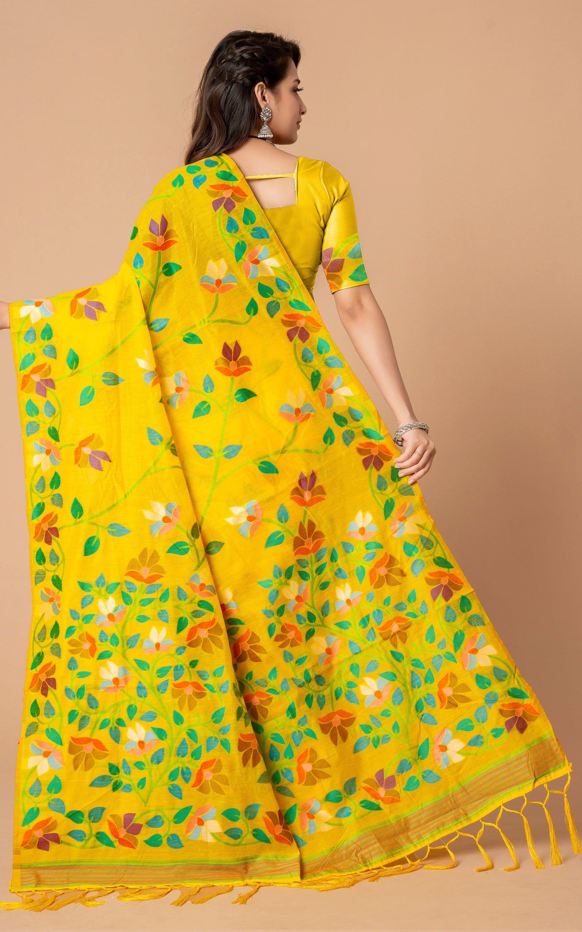 Tantuja Inspired Traditional Soft Jamdani Saree in Yellow, Green and Multicolored Nakshi Thread Weave