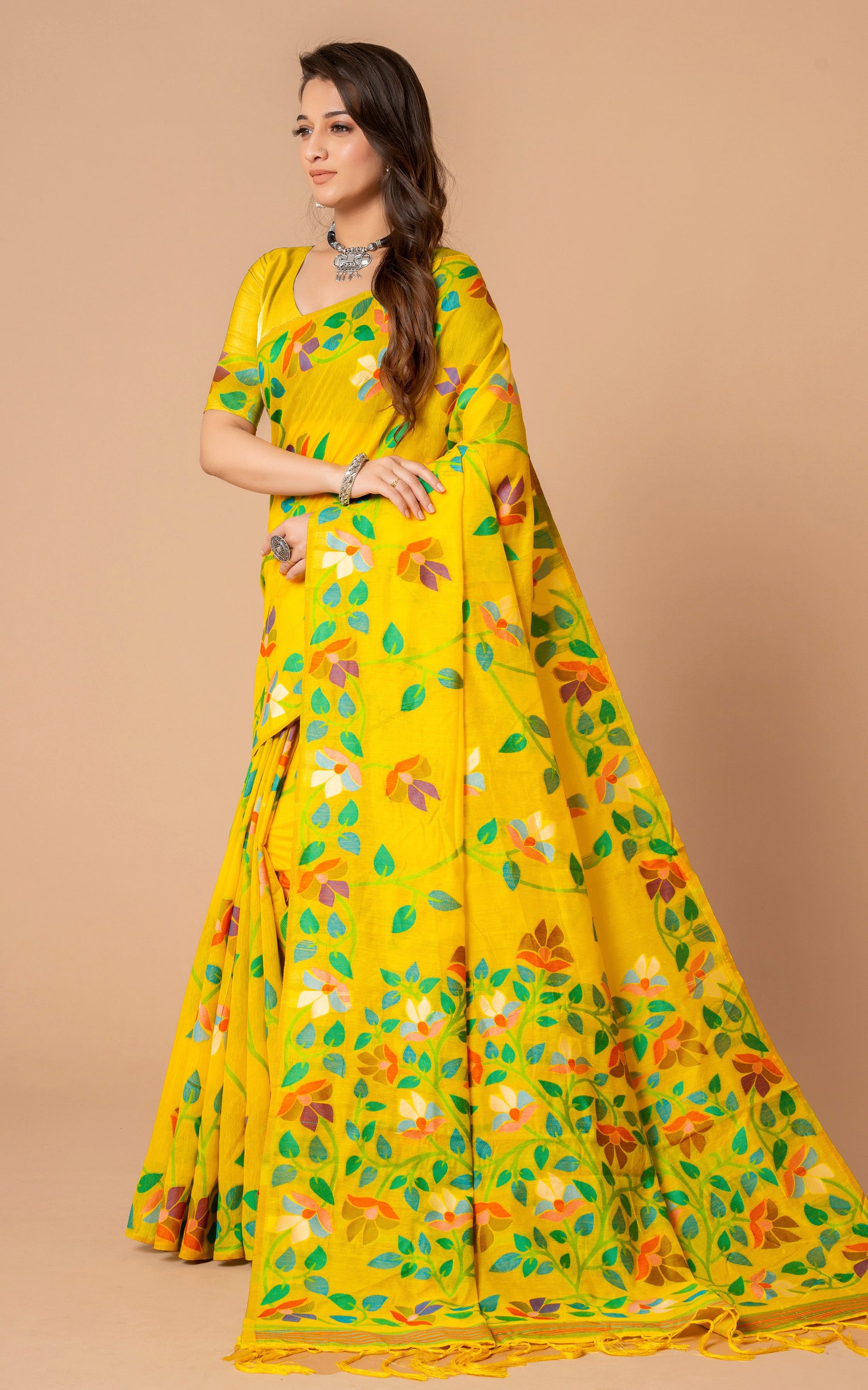 Tantuja Inspired Traditional Soft Jamdani Saree in Yellow, Green and Multicolored Nakshi Thread Weave