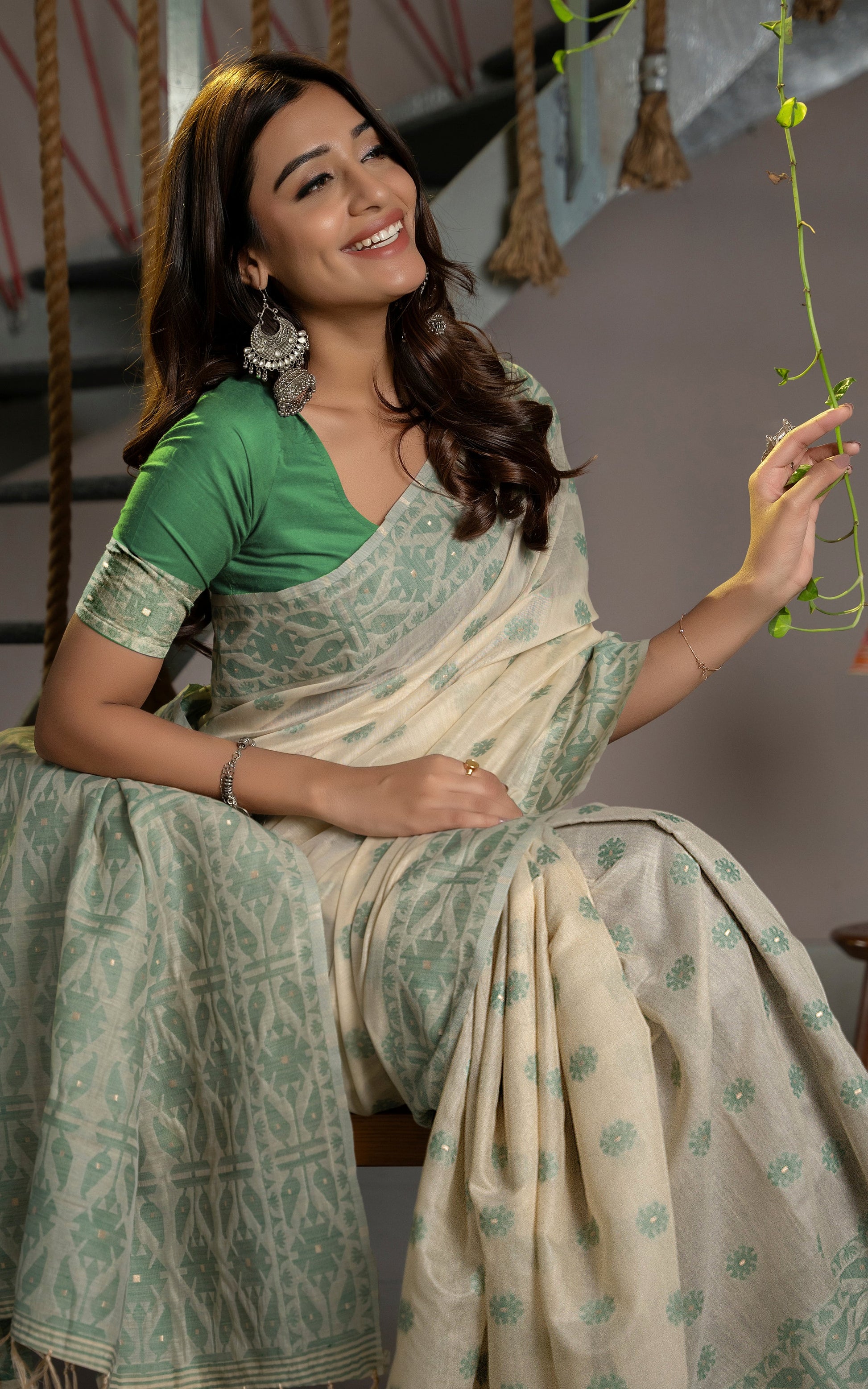 Tantuja Inspired Traditional Floral Nakshi Butta Work Soft Jamdani Saree in Royal Beige, Sage Green and Matt Golden