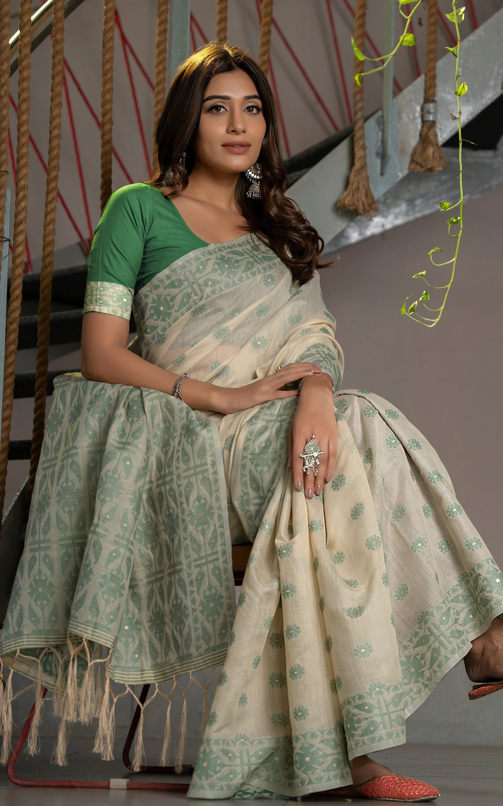 Tantuja Inspired Traditional Floral Nakshi Butta Work Soft Jamdani Saree in Royal Beige, Sage Green and Matt Golden