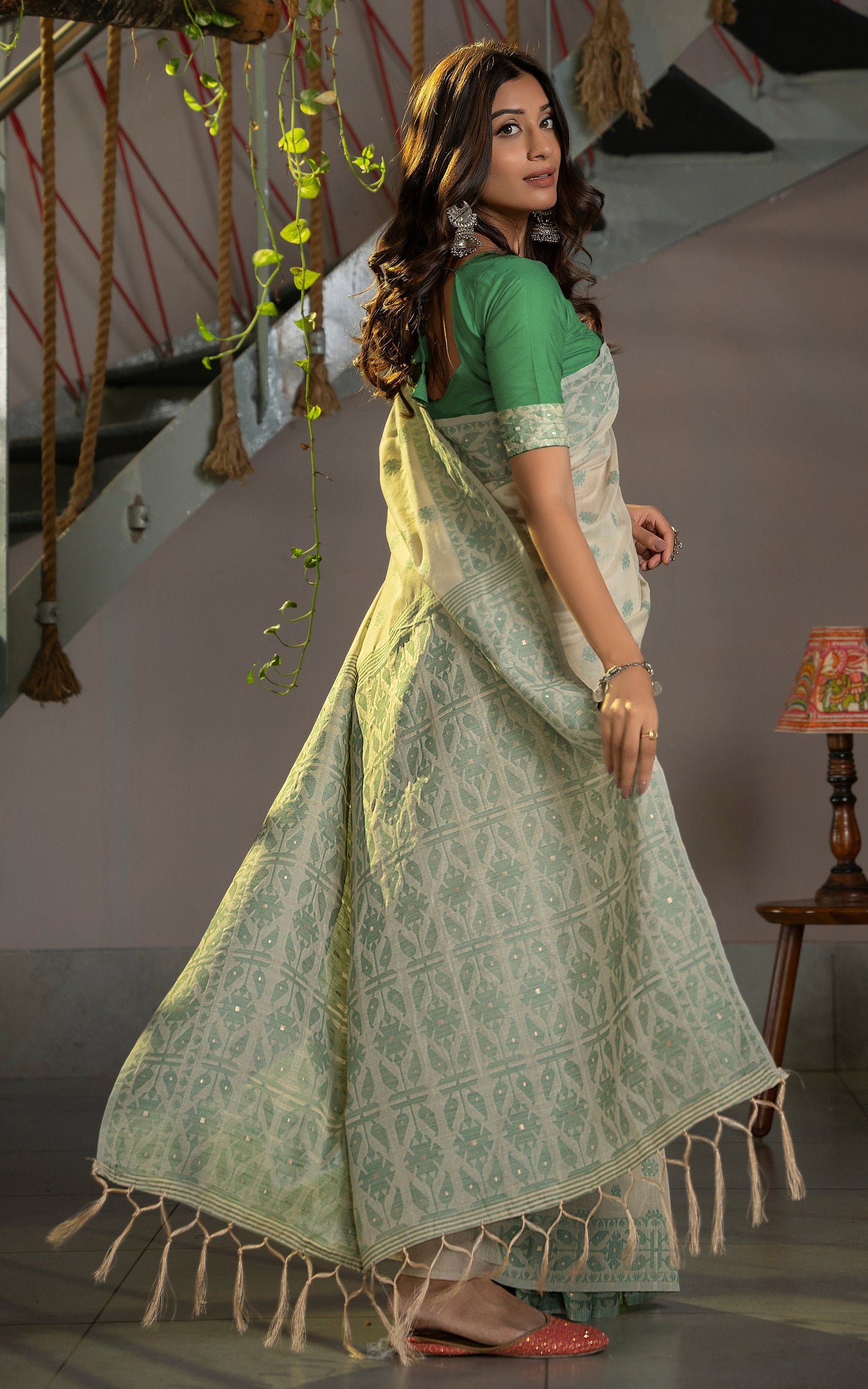 Tantuja Inspired Traditional Floral Nakshi Butta Work Soft Jamdani Saree in Royal Beige, Sage Green and Matt Golden