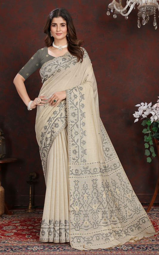 Tantuja Inspired Traditional Karat Needle Nakshi Work Soft Jamdani Saree in Ecru and Gray