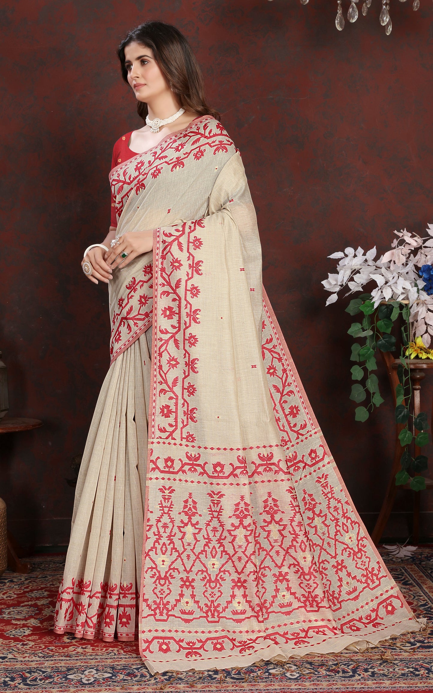 Tantuja Inspired Traditional Karat Needle Nakshi Work Soft Jamdani Saree in Ecru and Red