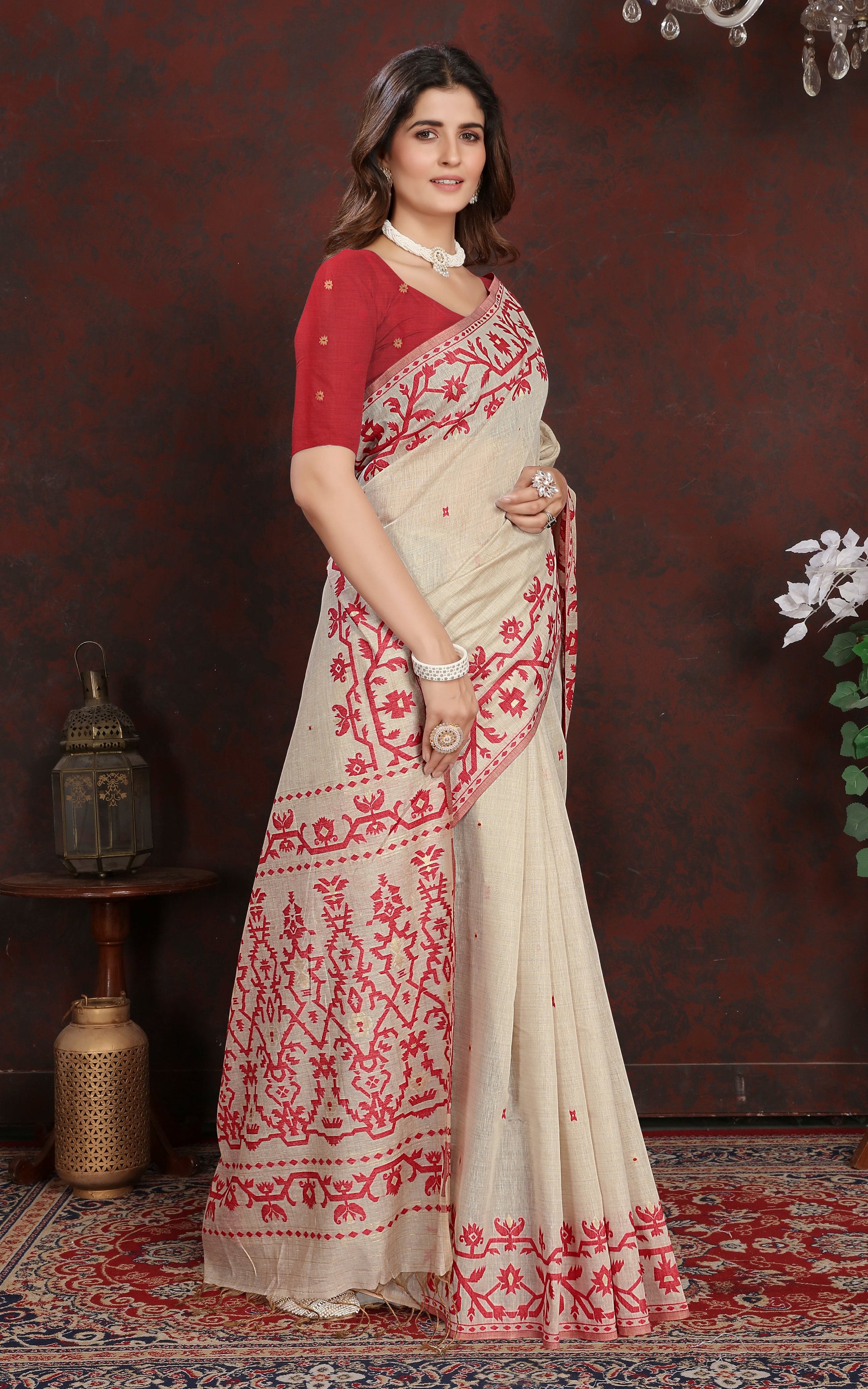 Tantuja Inspired Traditional Karat Needle Nakshi Work Soft Jamdani Saree in Ecru and Red