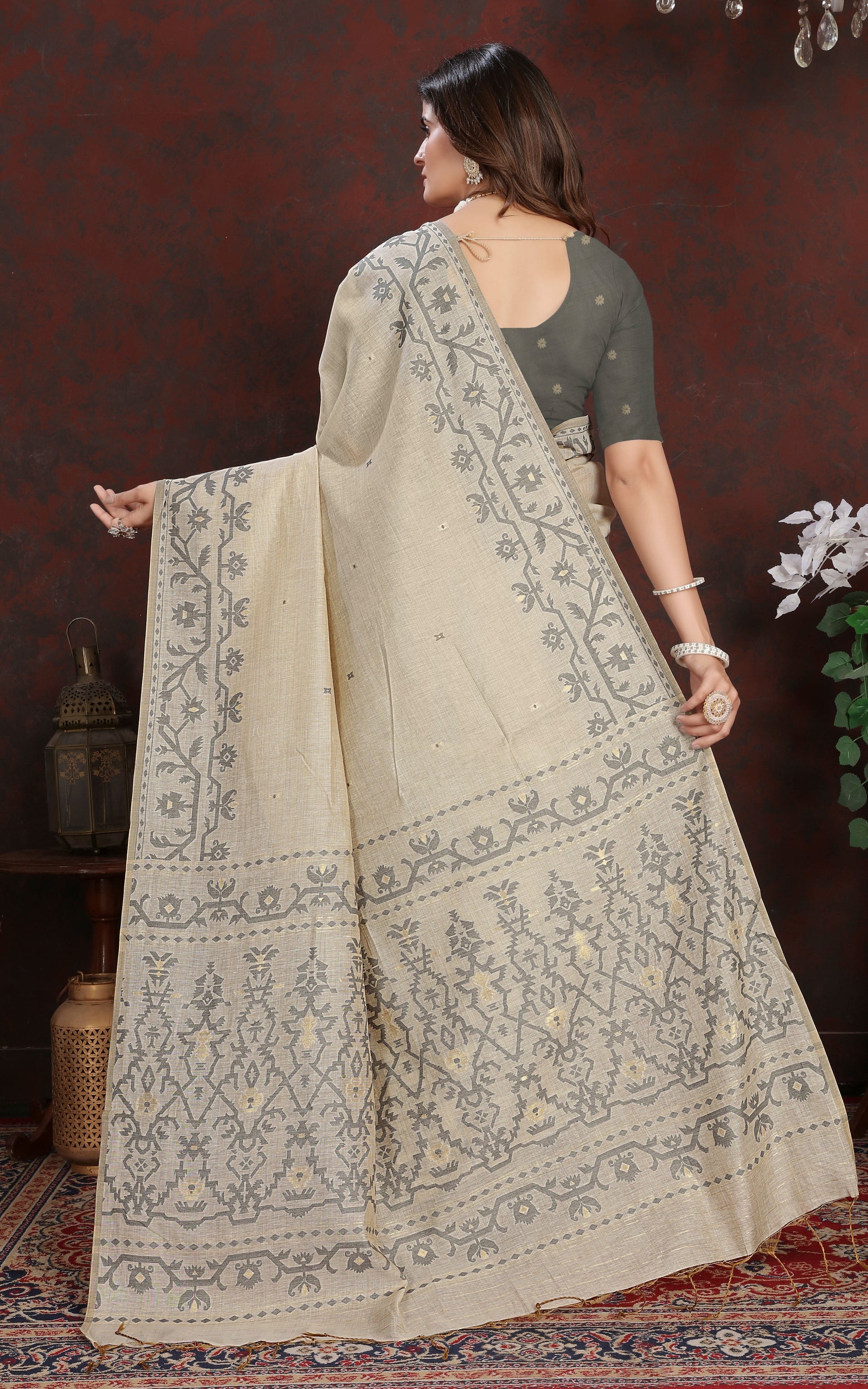 Tantuja Inspired Traditional Karat Needle Nakshi Work Soft Jamdani Saree in Ecru and Gray