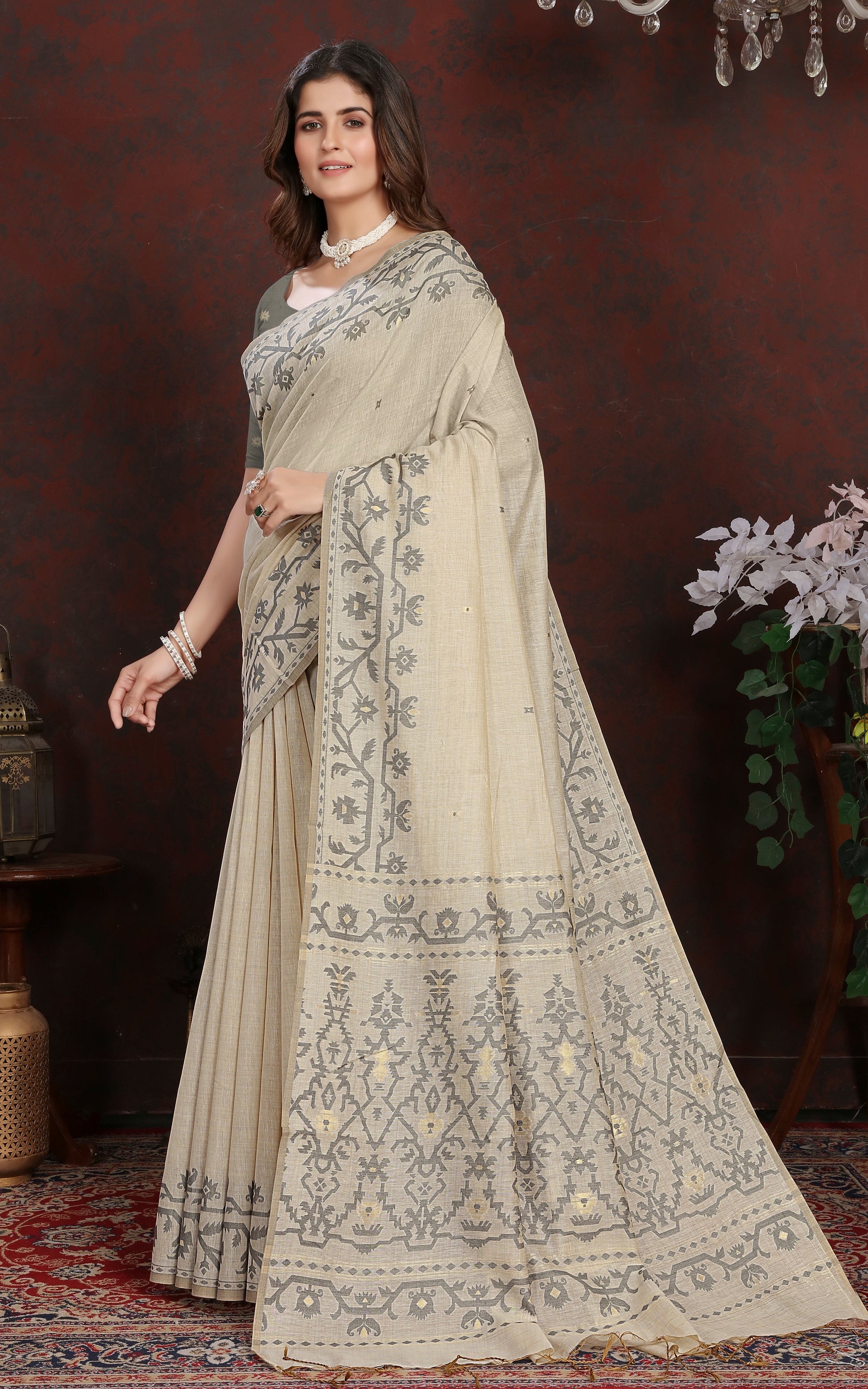 Tantuja Inspired Traditional Karat Needle Nakshi Work Soft Jamdani Saree in Ecru and Gray