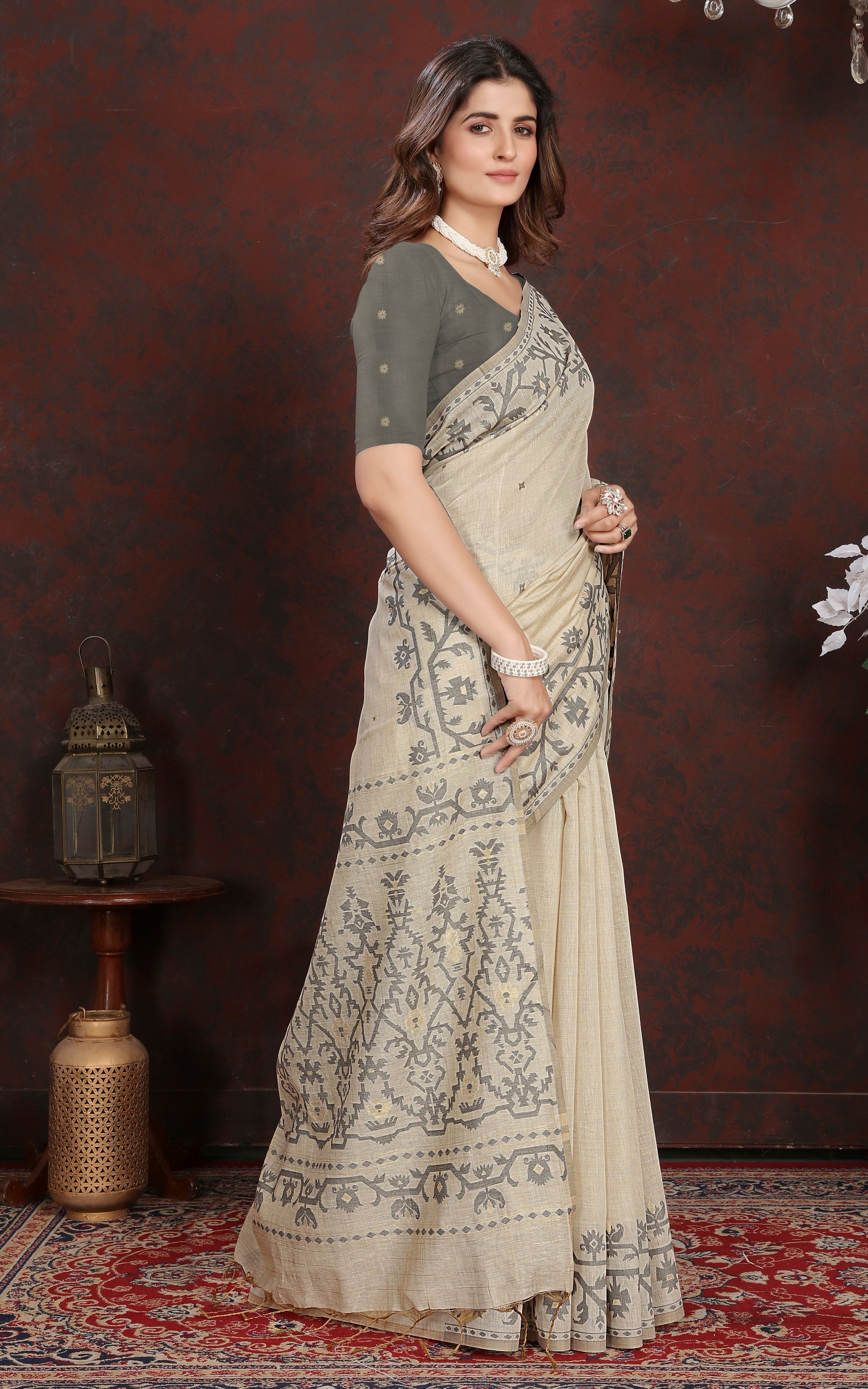 Tantuja Inspired Traditional Karat Needle Nakshi Work Soft Jamdani Saree in Ecru and Gray