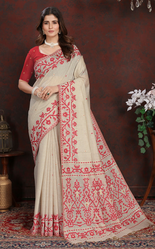 Tantuja Inspired Traditional Karat Needle Nakshi Work Soft Jamdani Saree in Ecru and Red