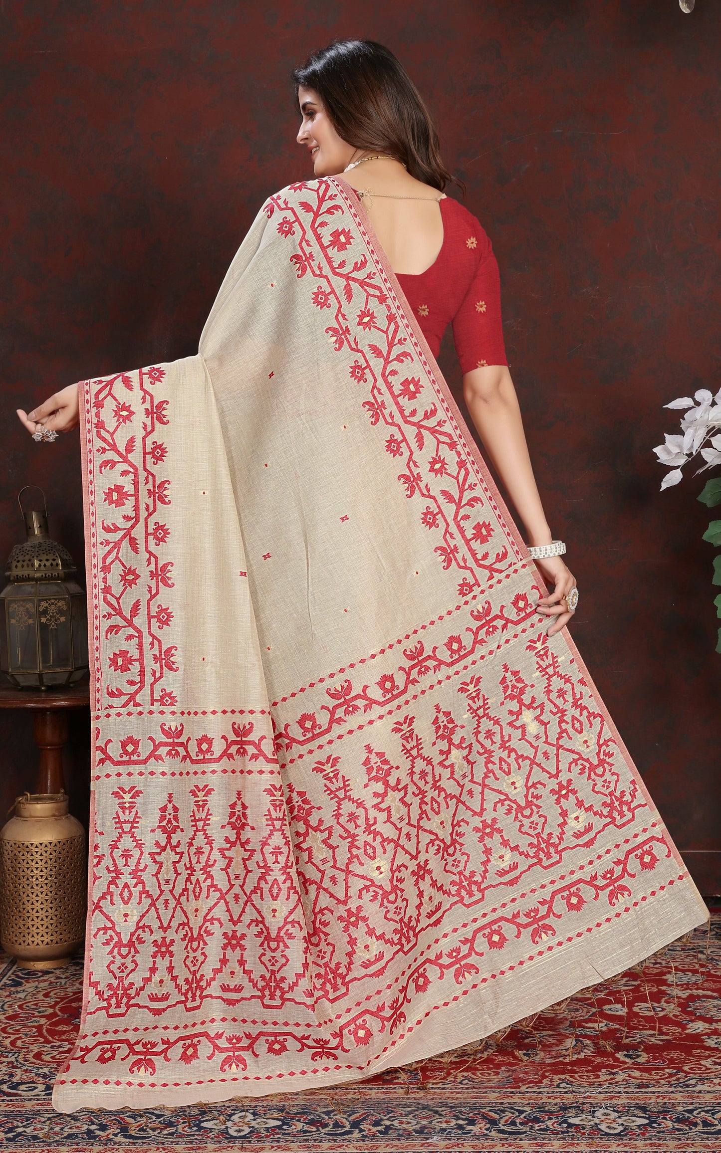 Tantuja Inspired Traditional Karat Needle Nakshi Work Soft Jamdani Saree in Ecru and Red