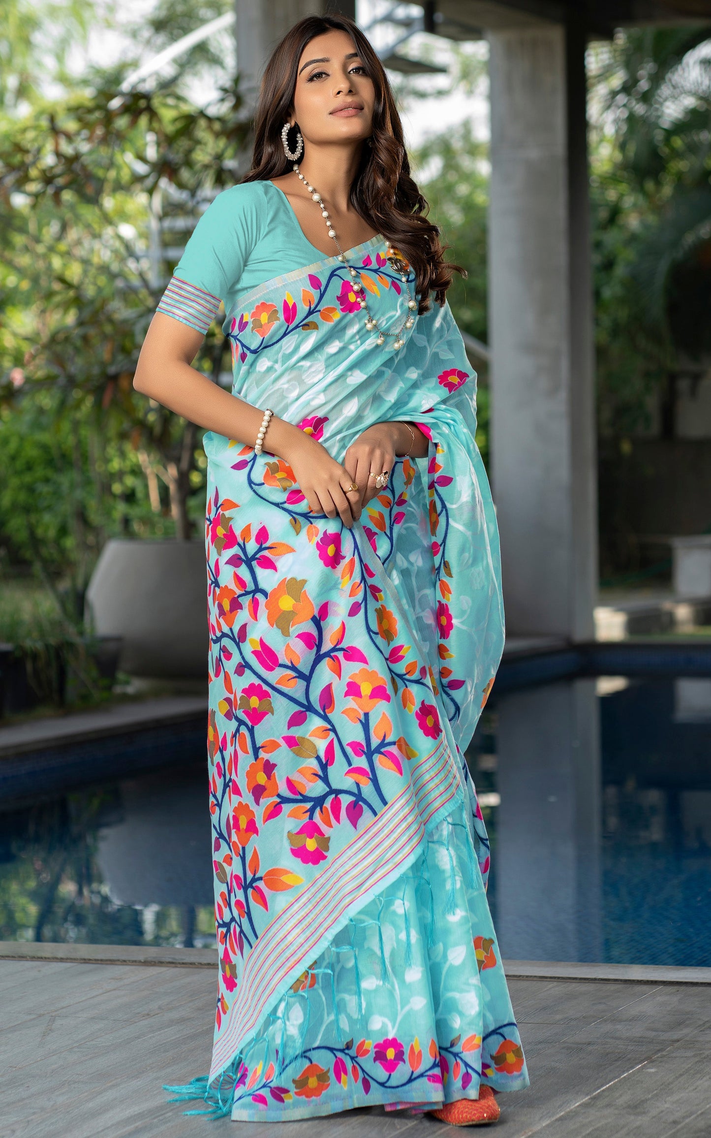 Tantuja Inspired Traditional Woven Floral Nakshi Soft Jamdani Saree in Sky Blue, Off White, Hot Pink and Multicolored