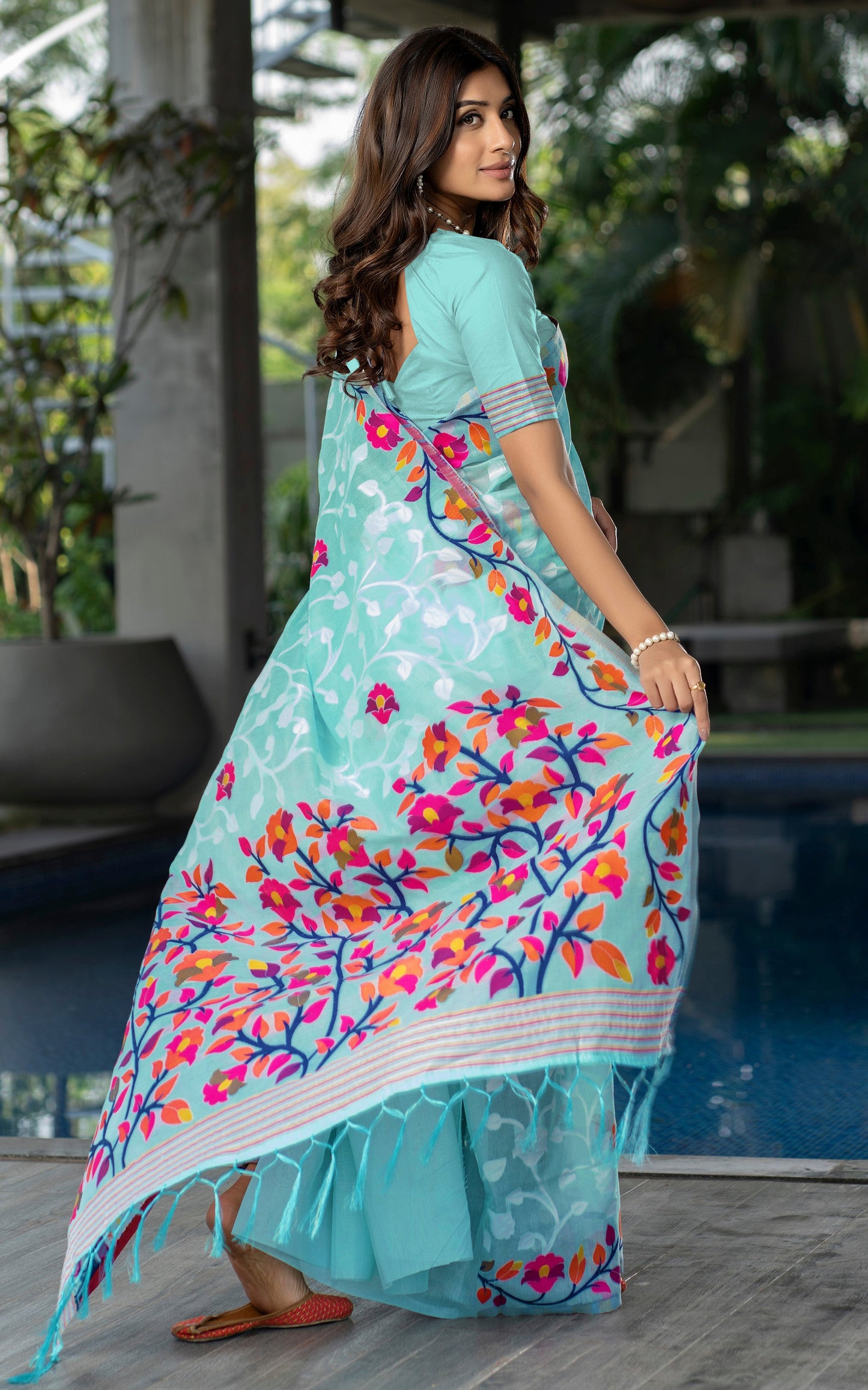 Tantuja Inspired Traditional Woven Floral Nakshi Soft Jamdani Saree in Sky Blue, Off White, Hot Pink and Multicolored