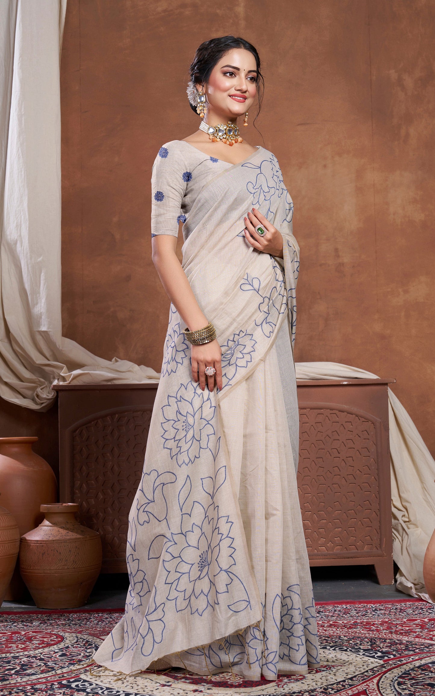 Floral Sketch Nakshi Woven Work Soft Jamdani Saree in Light Taupe and Navy Blue