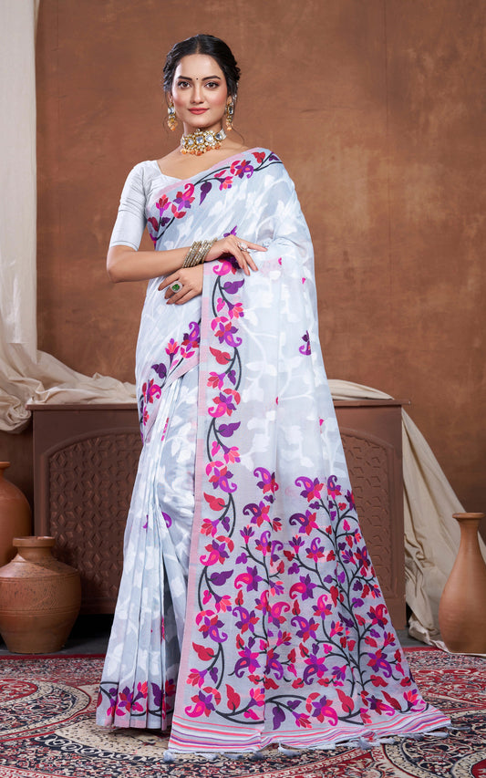 Tantuja Inspired Traditional Woven Floral Nakshi Soft Jamdani Saree in Light Gray, Off White  and Multicolored