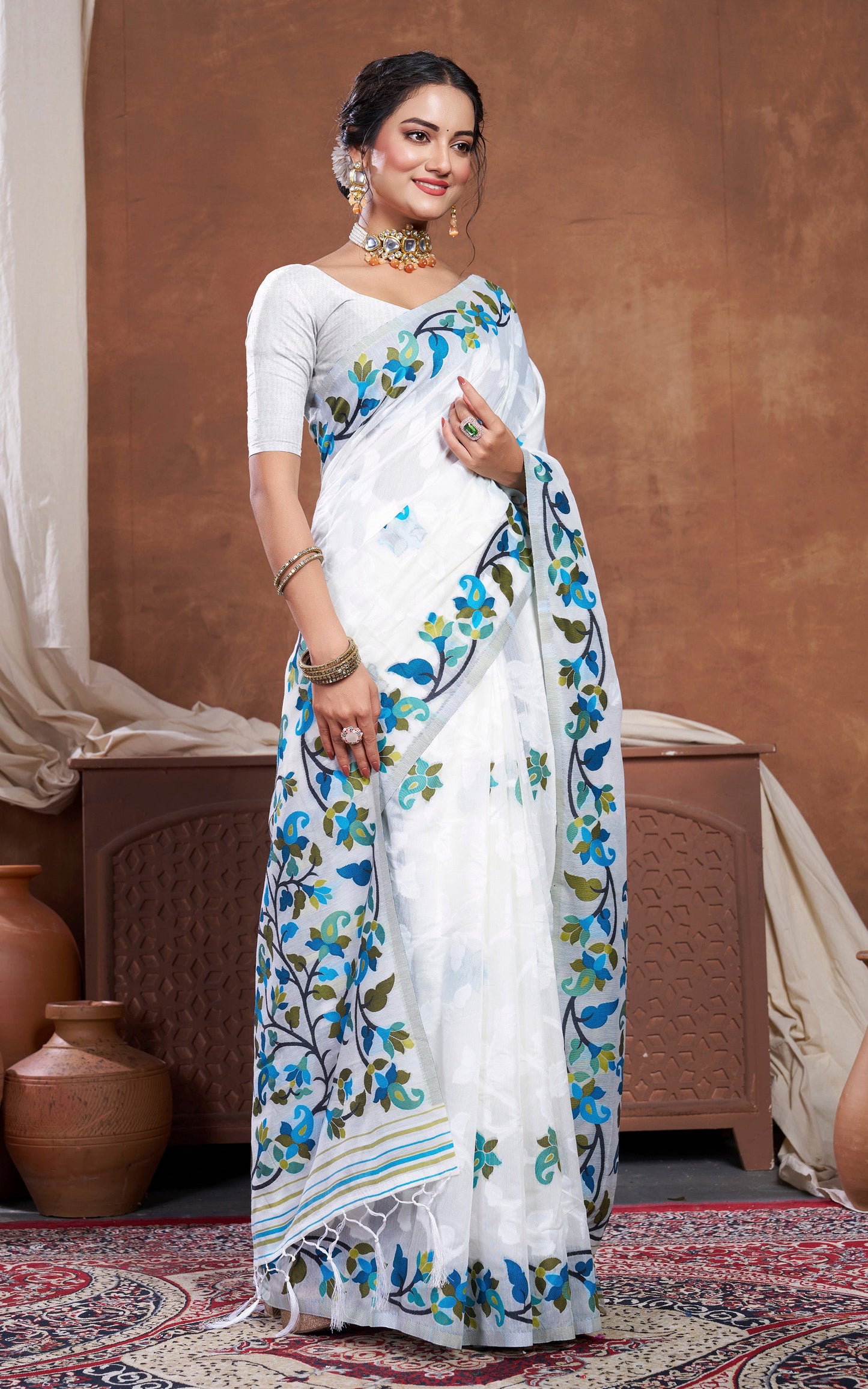 Tantuja Inspired Traditional Woven Floral Nakshi Soft Jamdani Saree in White, Blue, Green and Multicolored