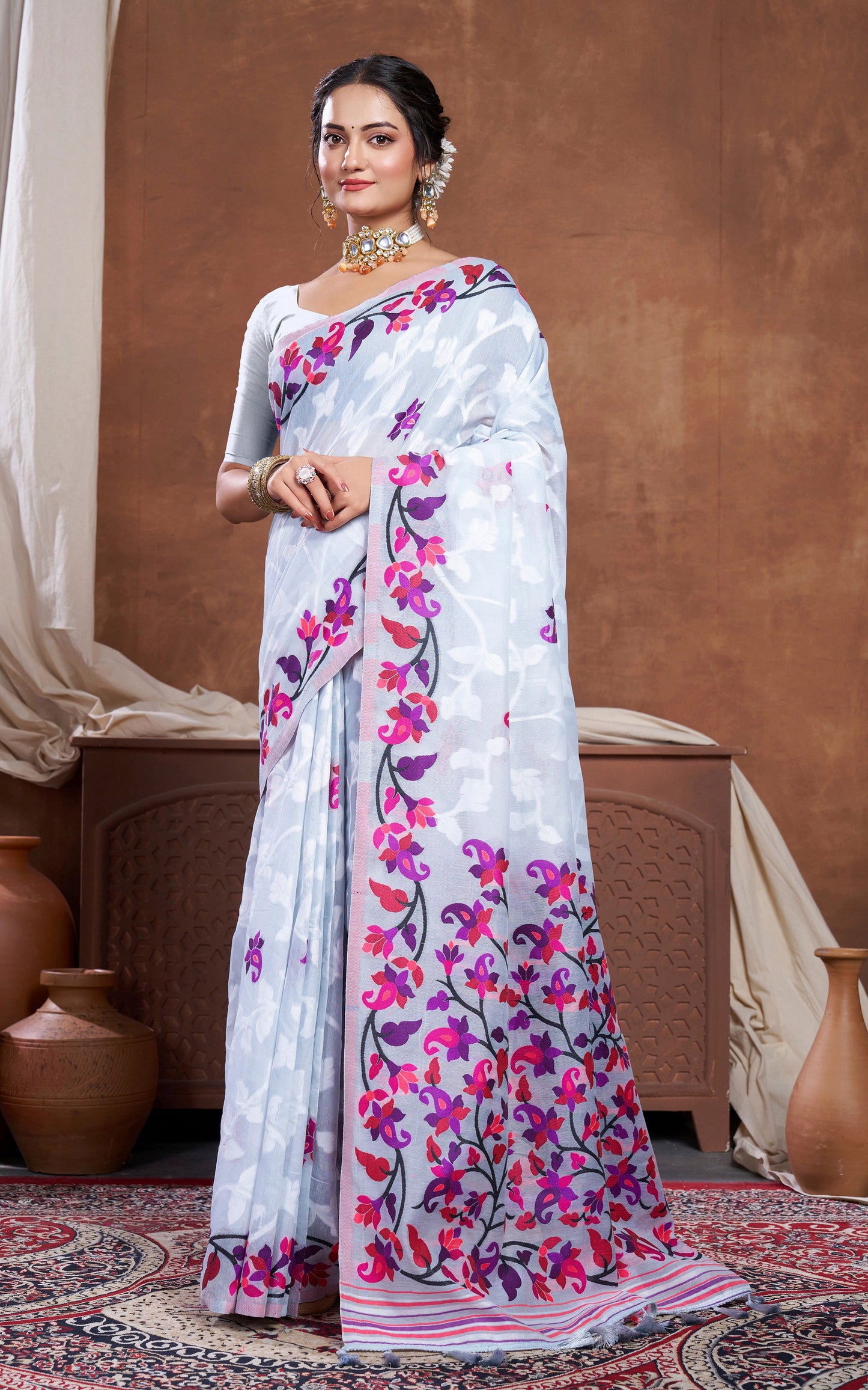 Tantuja Inspired Traditional Woven Floral Nakshi Soft Jamdani Saree in Light Gray, Off White  and Multicolored