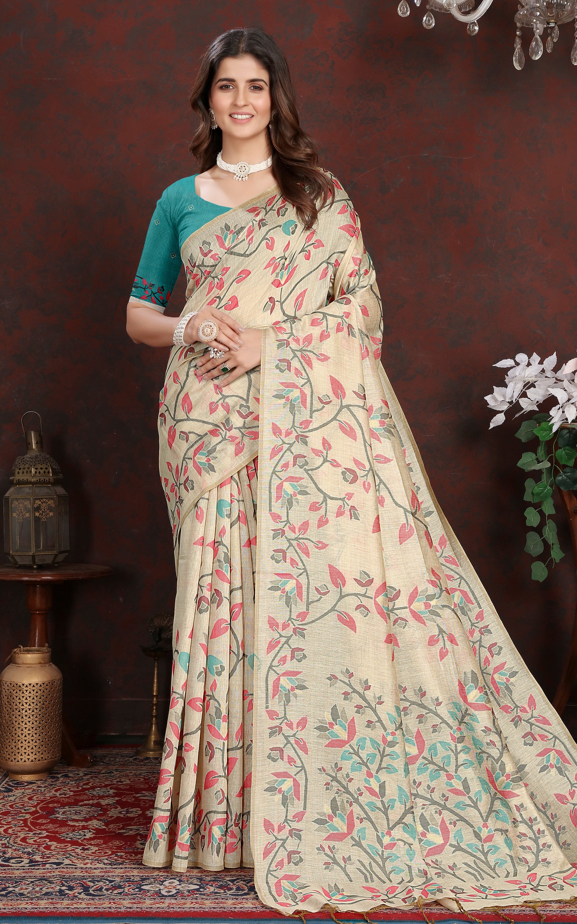 Tantuja Inspired Traditional Floral Nakshi Jaal Work Soft Jamdani Saree in Beige, Hot Pink and Multicolored