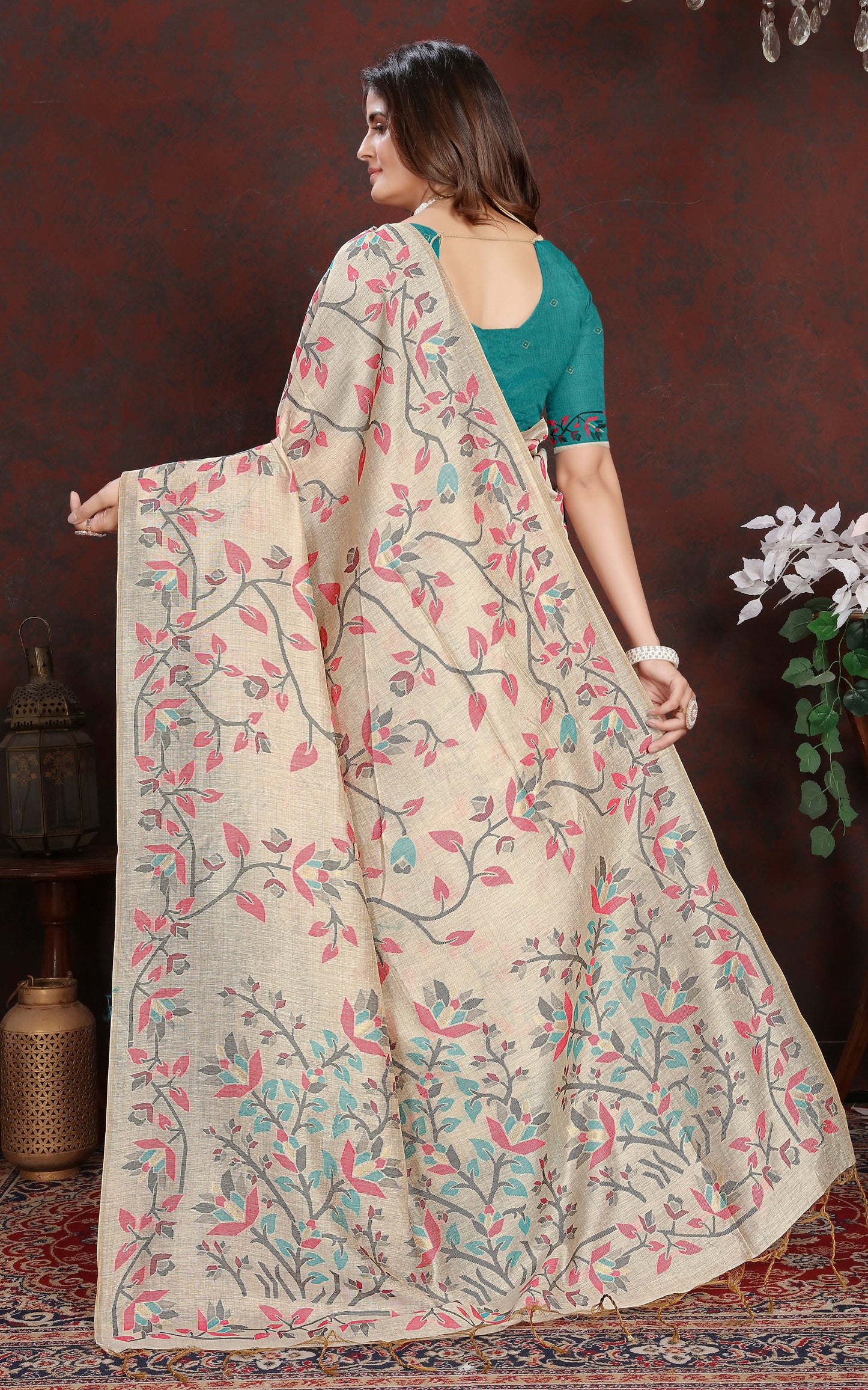 Tantuja Inspired Traditional Floral Nakshi Jaal Work Soft Jamdani Saree in Beige, Hot Pink and Multicolored