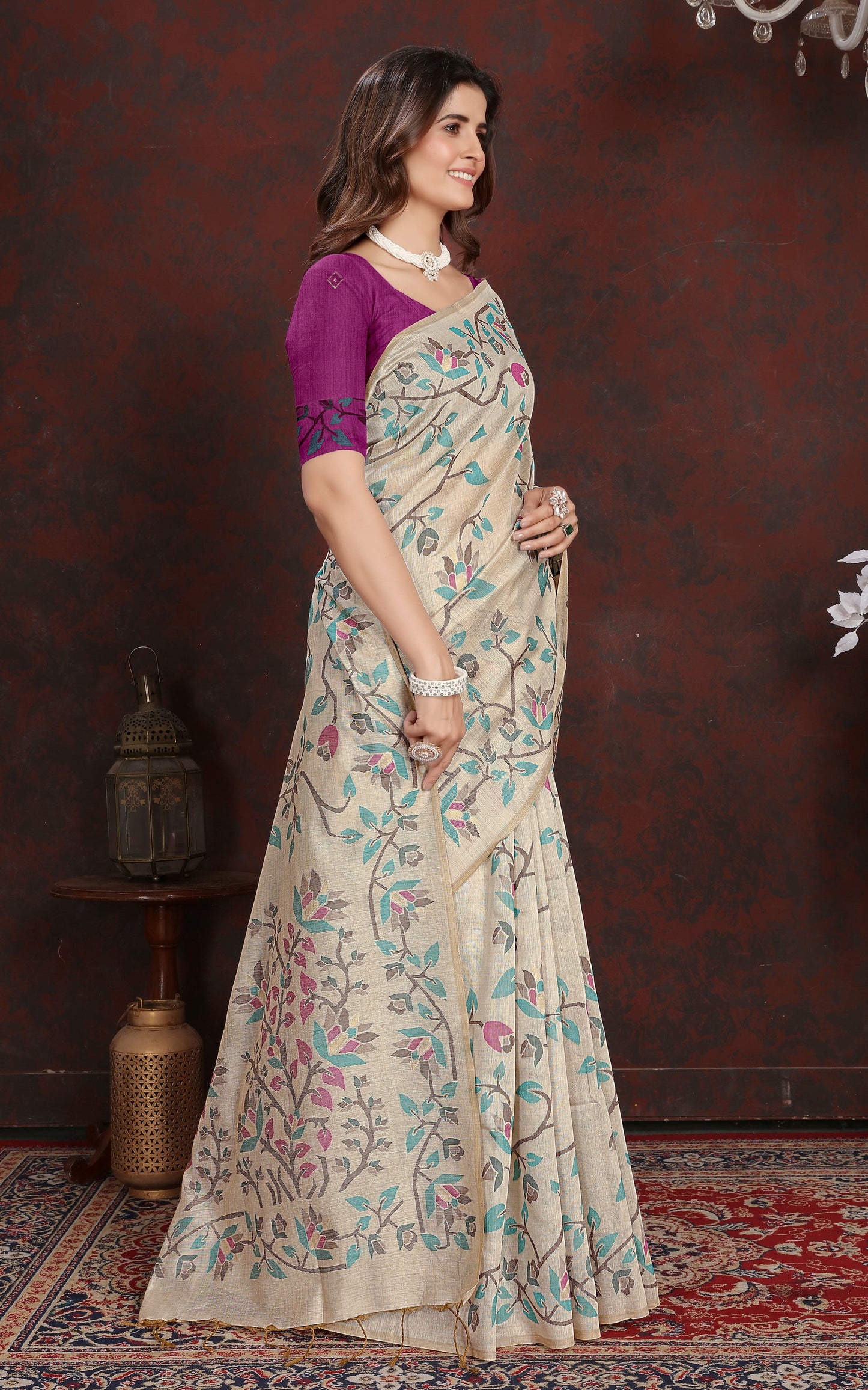 Tantuja Inspired Traditional Floral Nakshi Jaal Work Soft Jamdani Saree in Beige, Indigo, Black and Multicolored