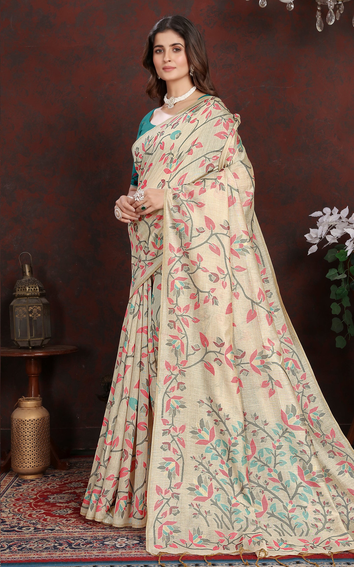 Tantuja Inspired Traditional Floral Nakshi Jaal Work Soft Jamdani Saree in Beige, Hot Pink and Multicolored