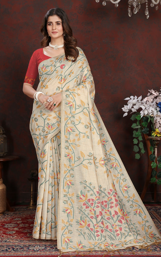 Tantuja Inspired Traditional Floral Nakshi Jaal Work Soft Jamdani Saree in Beige, Green, Mustard and Multicolored