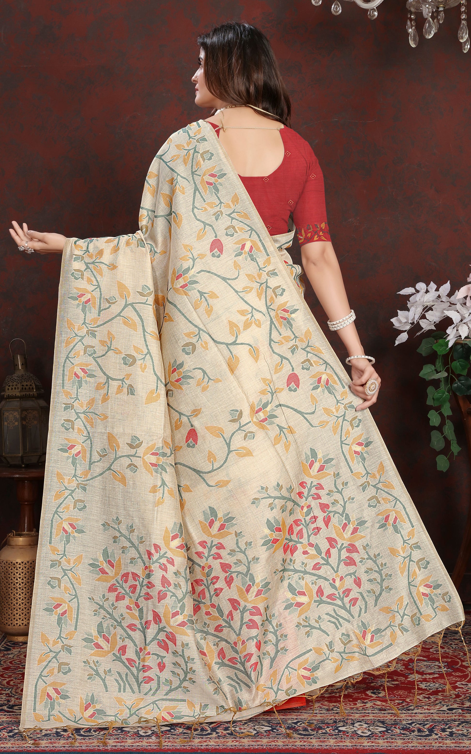 Tantuja Inspired Traditional Floral Nakshi Jaal Work Soft Jamdani Saree in Beige, Green, Mustard and Multicolored