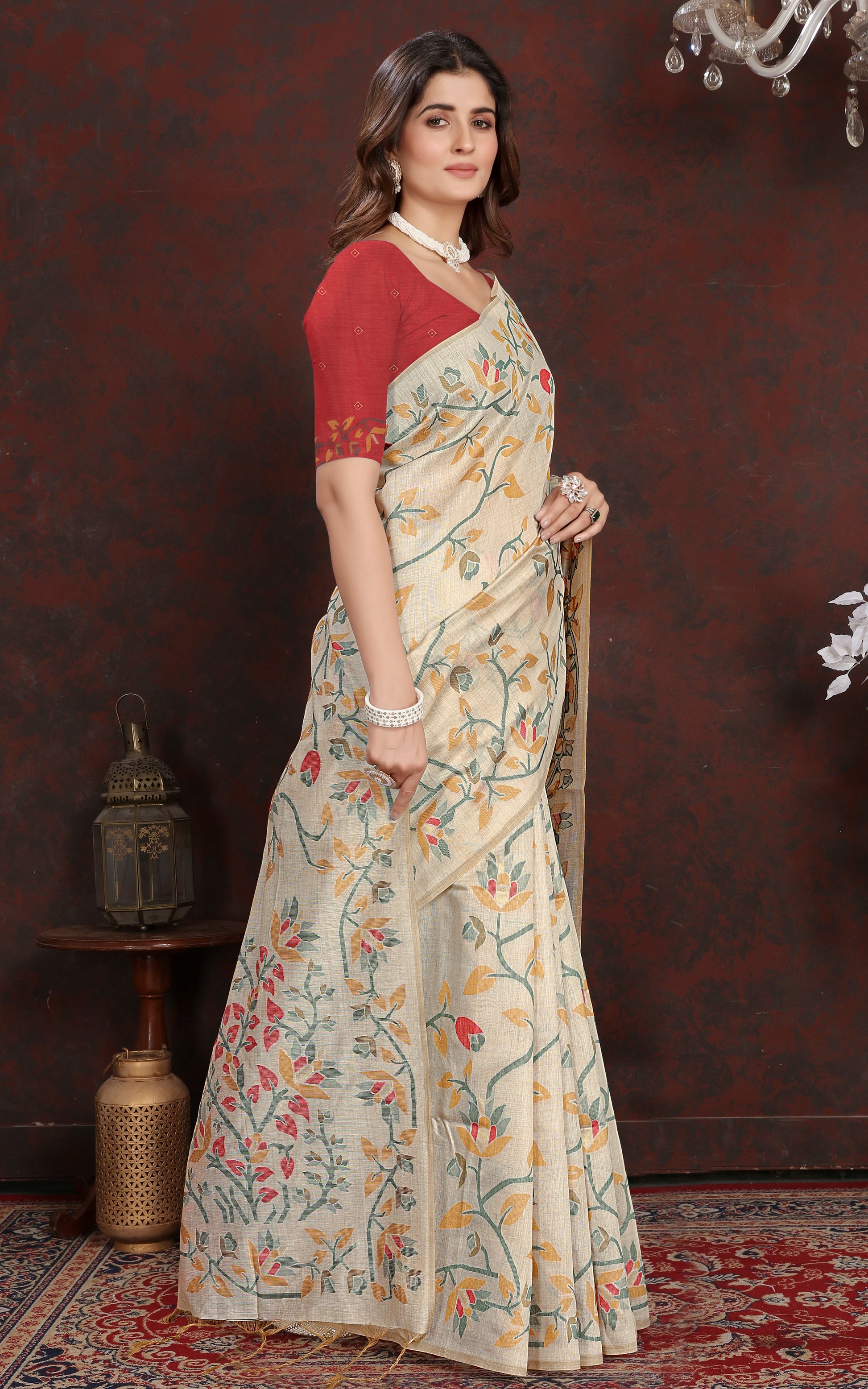 Tantuja Inspired Traditional Floral Nakshi Jaal Work Soft Jamdani Saree in Beige, Green, Mustard and Multicolored