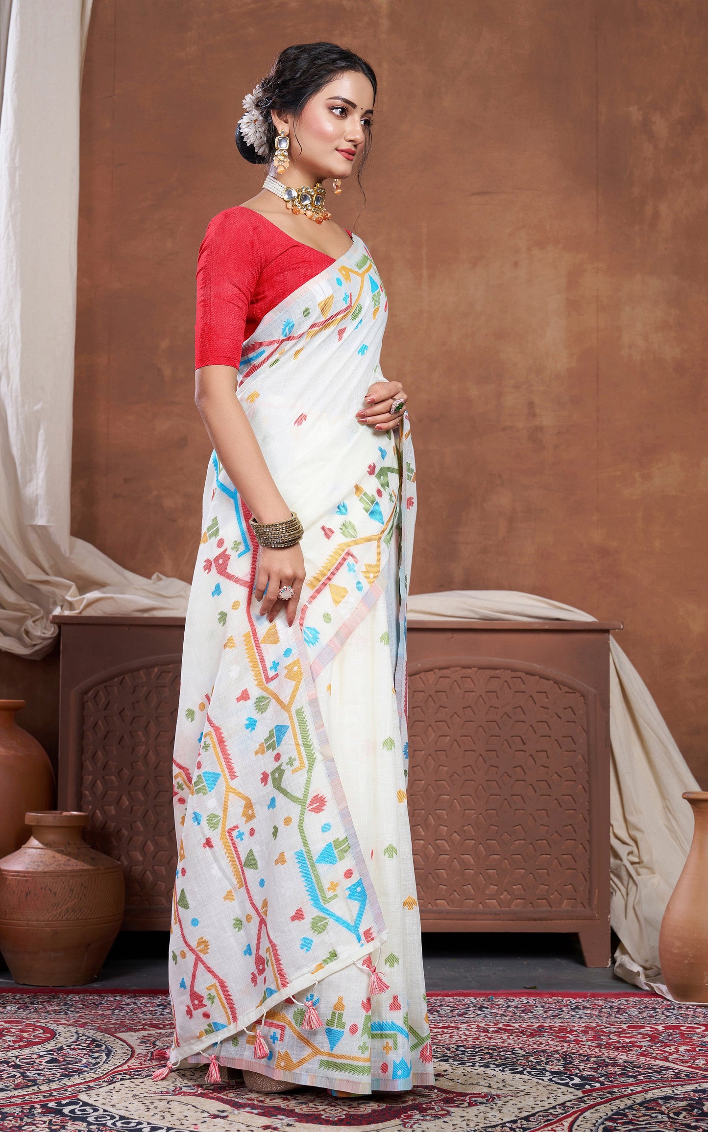 Traditional Needle Karat Work Soft Cotton Linen Jamdani Saree in Off White and Multicolored