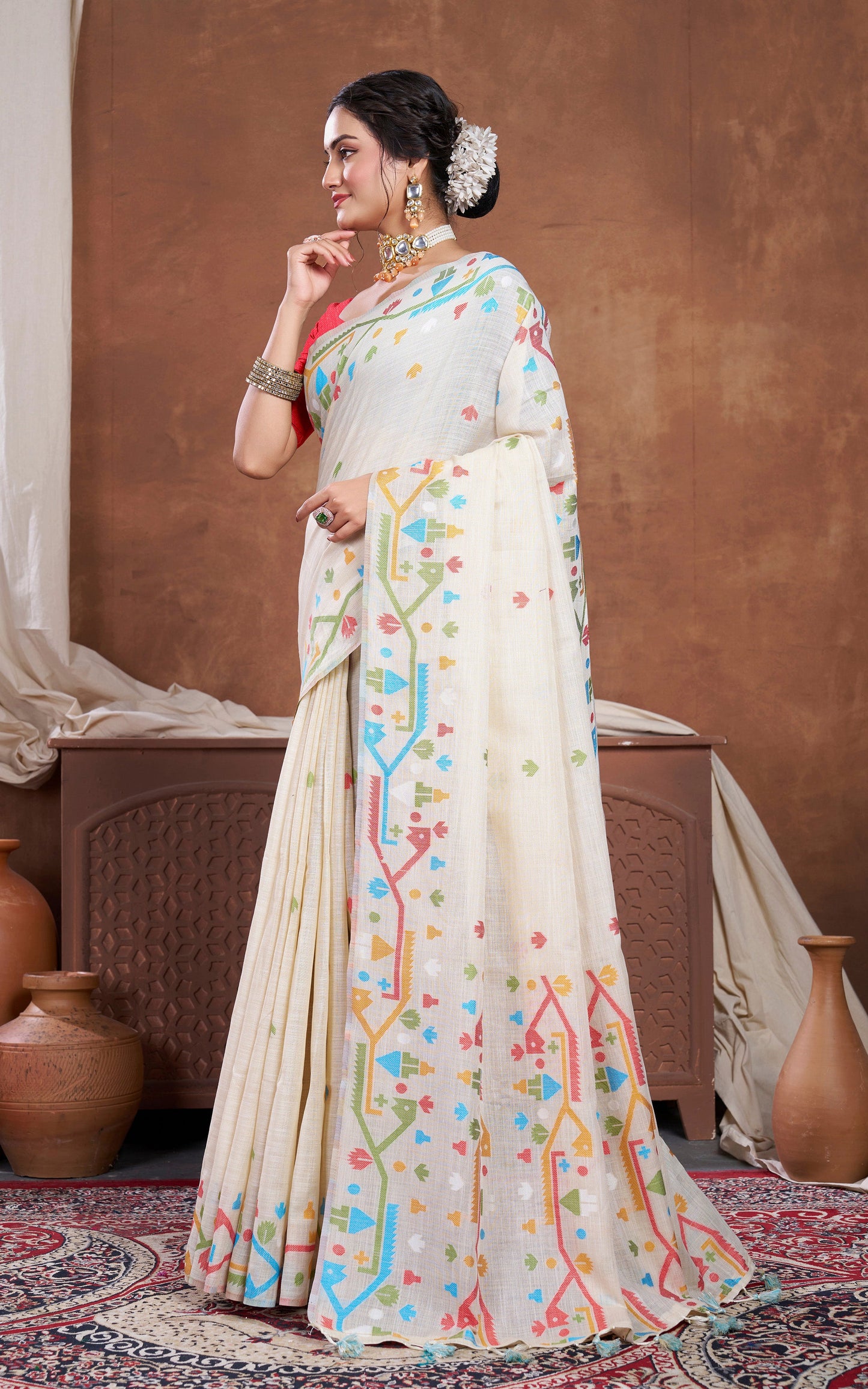 Traditional Needle Karat Work Soft Cotton Linen Jamdani Saree in Beige and Multicolored