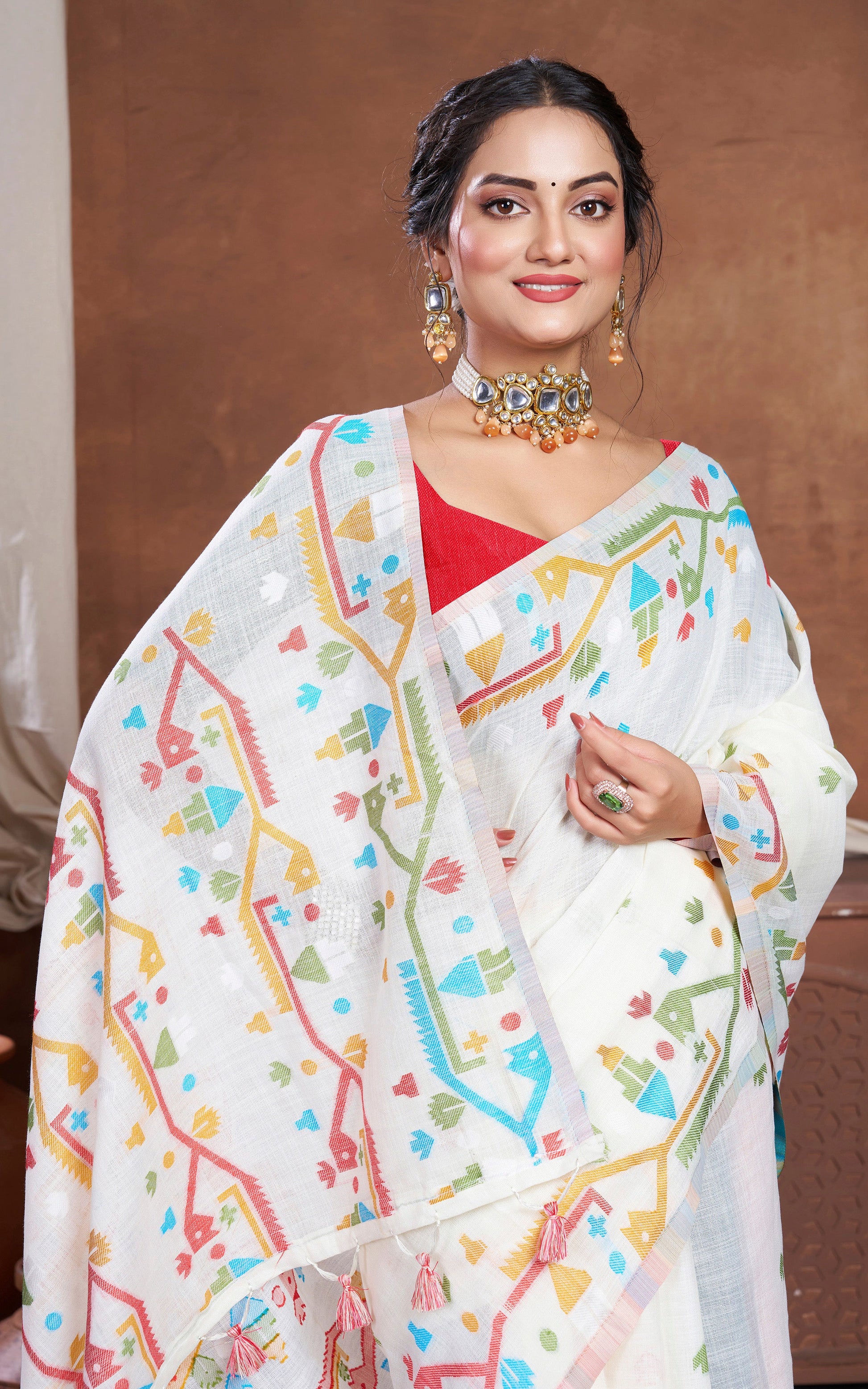 Traditional Needle Karat Work Soft Cotton Linen Jamdani Saree in Off White and Multicolored