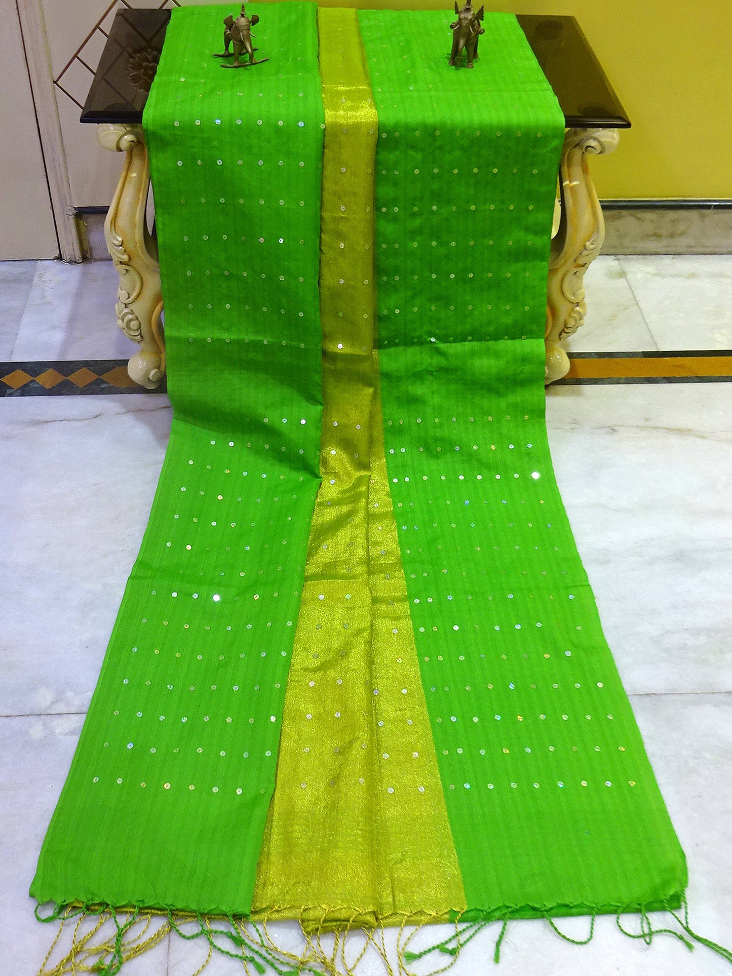 Designer Tissue Muslin Silk in Gold and Lime Green