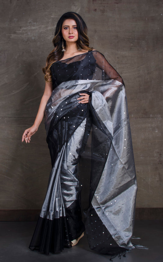 Designer Tissue Muslin Silk in Silver and Black