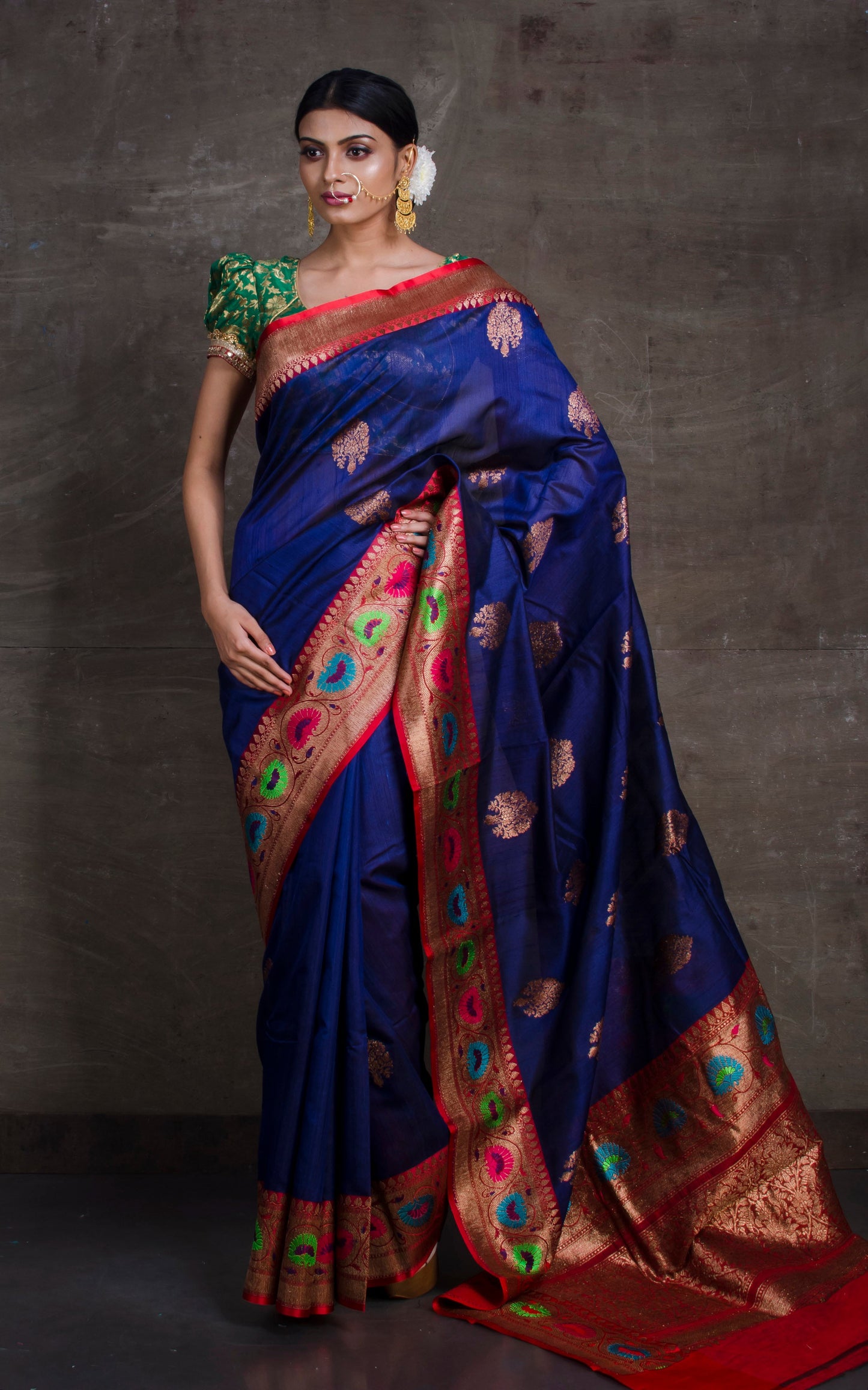 Tilfi Minakari Work Tussar Banarasi Saree in Dark Blue and Red