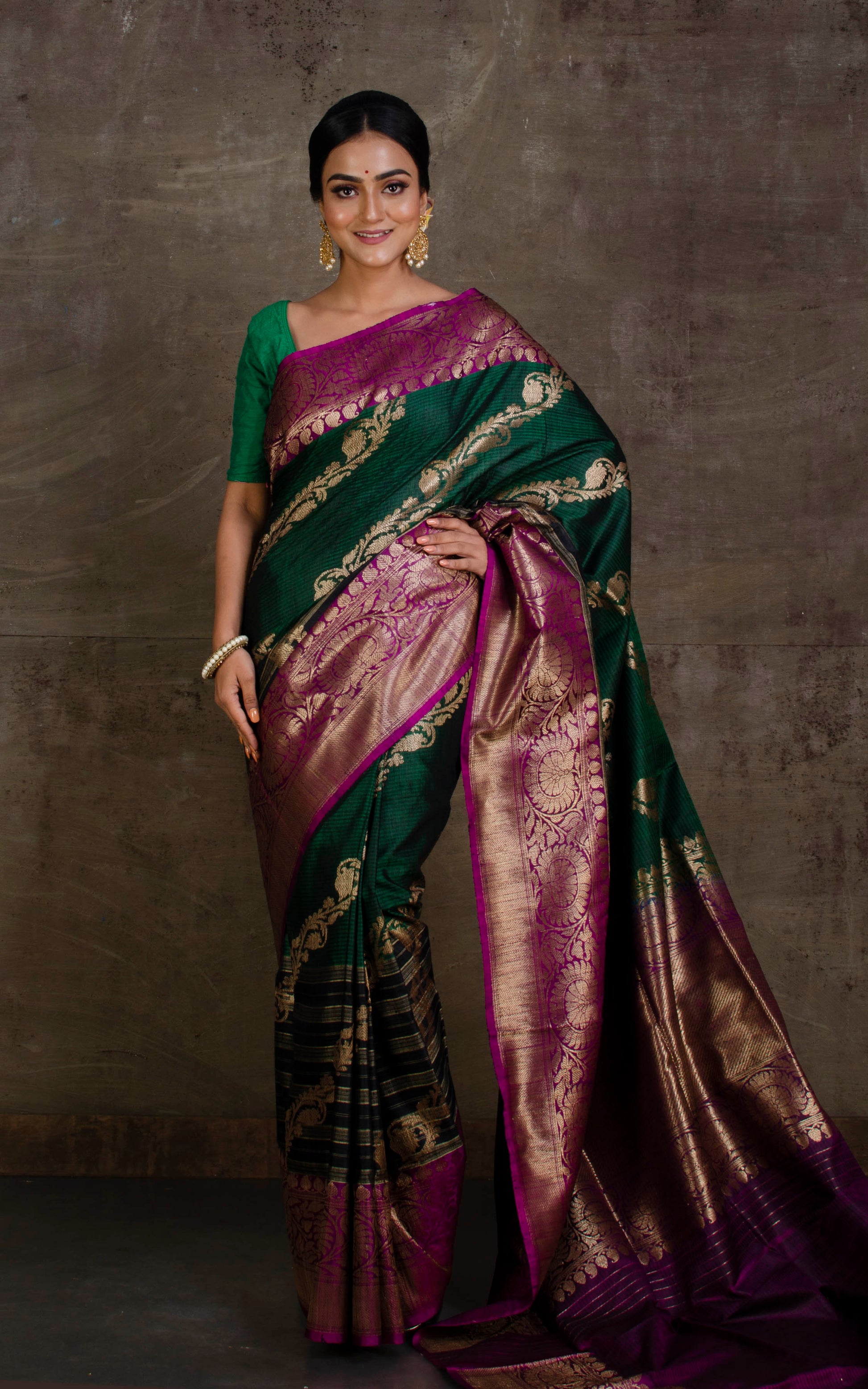 Handwoven Aara Jamdani Work Tussar Banarasi Saree in Deep Green, Black, Beige, Purple and Antique Gold