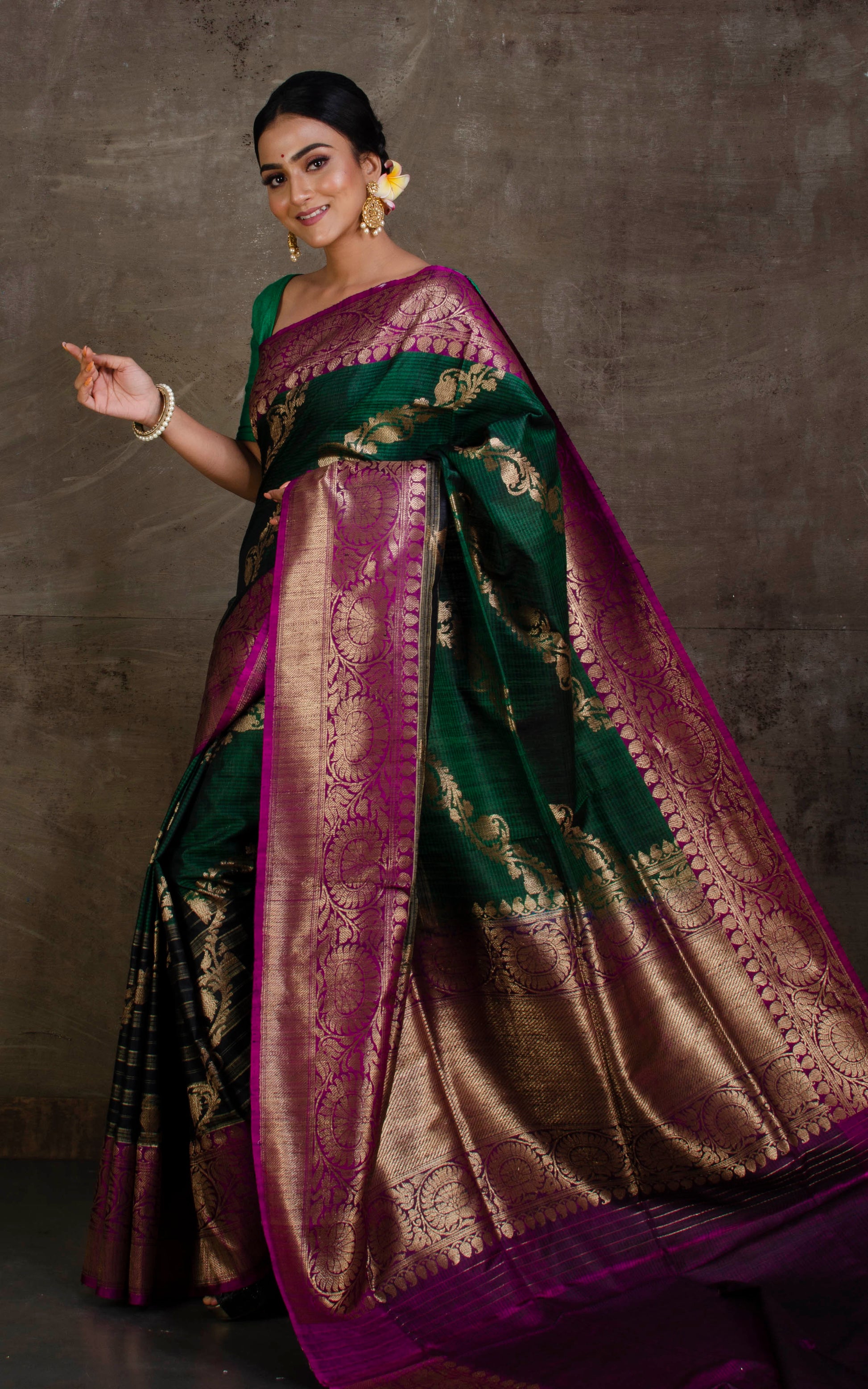 Handwoven Aara Jamdani Work Tussar Banarasi Saree in Deep Green, Black, Beige, Purple and Antique Gold