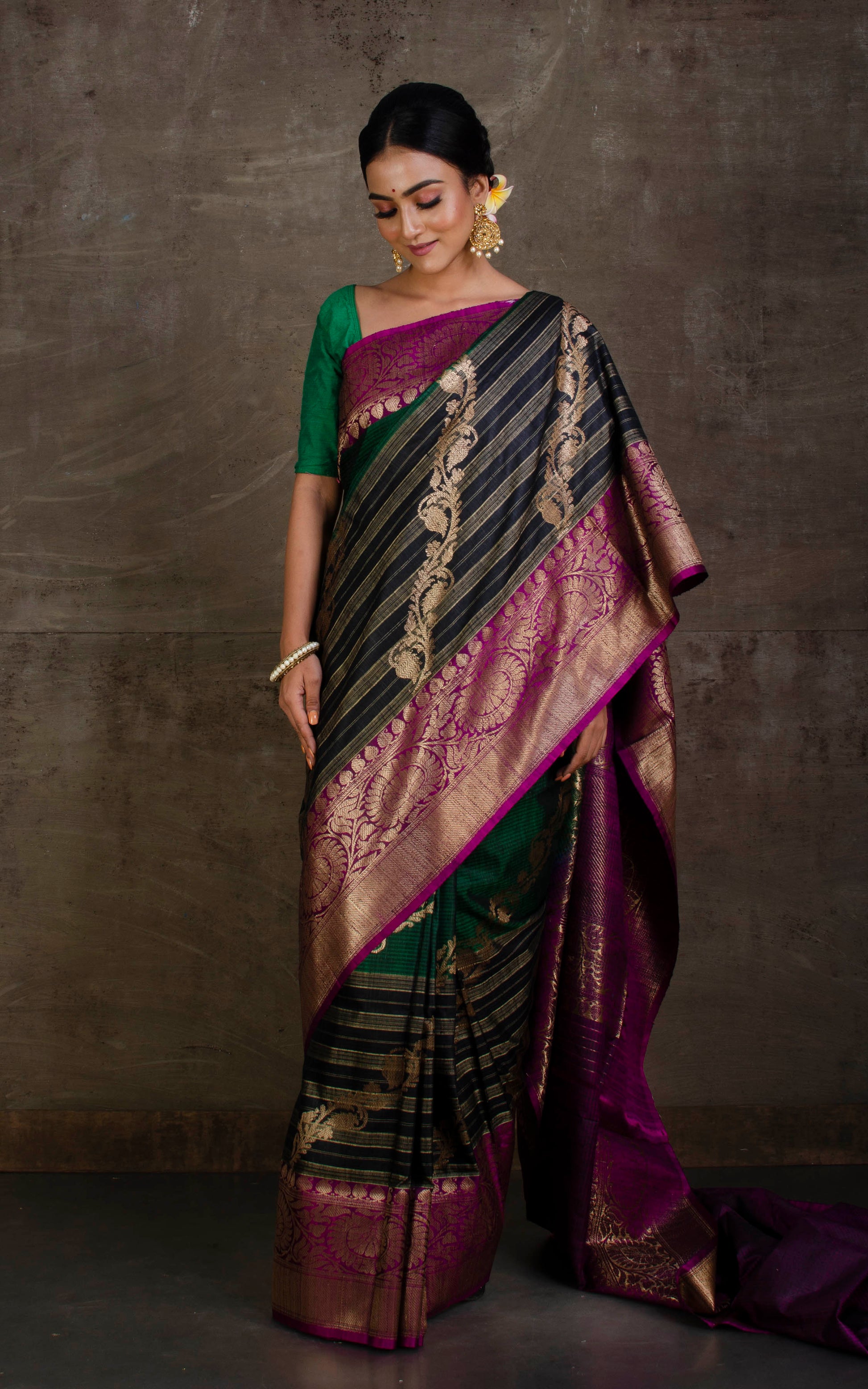 Handwoven Aara Jamdani Work Tussar Banarasi Saree in Deep Green, Black, Beige, Purple and Antique Gold